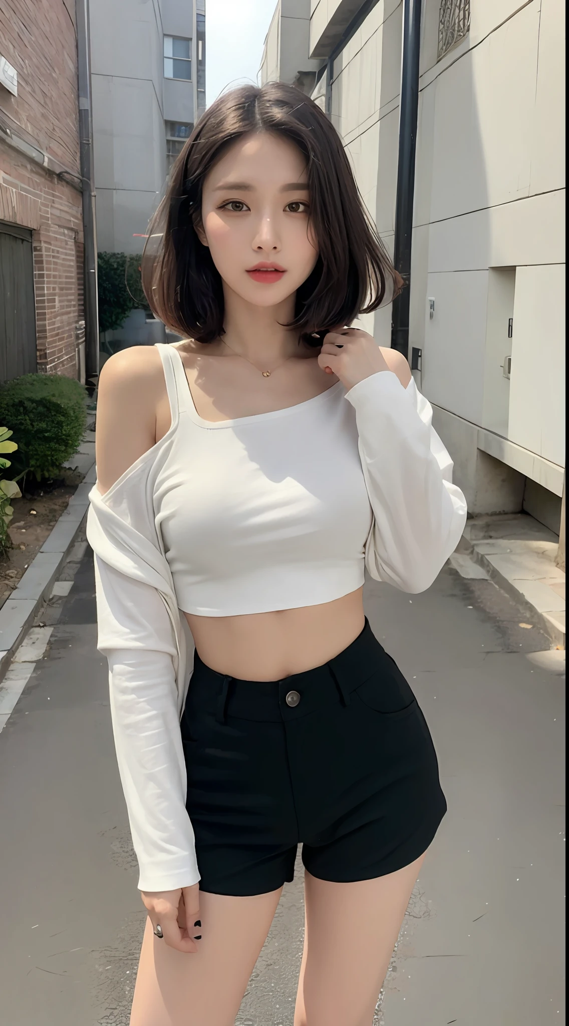 ((Best Quality, 8K, Masterpiece:1.3)), Focus:1.2, Perfect Body Beauty:1.4, Buttocks:1.2, (Layered Haircut: 1.2)), (Dark Street:1.3), Highly Detailed Face and Skin Texture, Full Body, Fine Eyes, Double Eyelids, Whitened Skin, Long Brown Hair, (Round Face: 1.5), (Loose Crop Top, Shorts: 1.6)