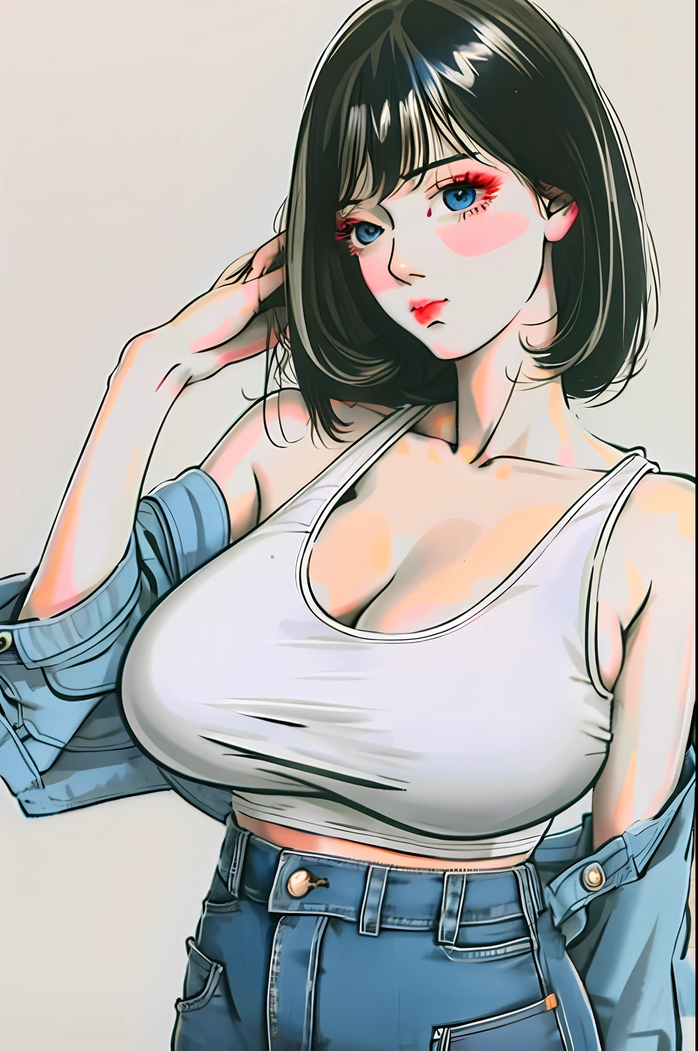 1girl, bangs, black hair, blue eyes, chch-style, cleavage, collarbone, denim, hand up, jacket, jeans, looking at viewer, huge breasts, medium hair, midriff, off shoulder, pants, solo, tank top, upper body,mature female