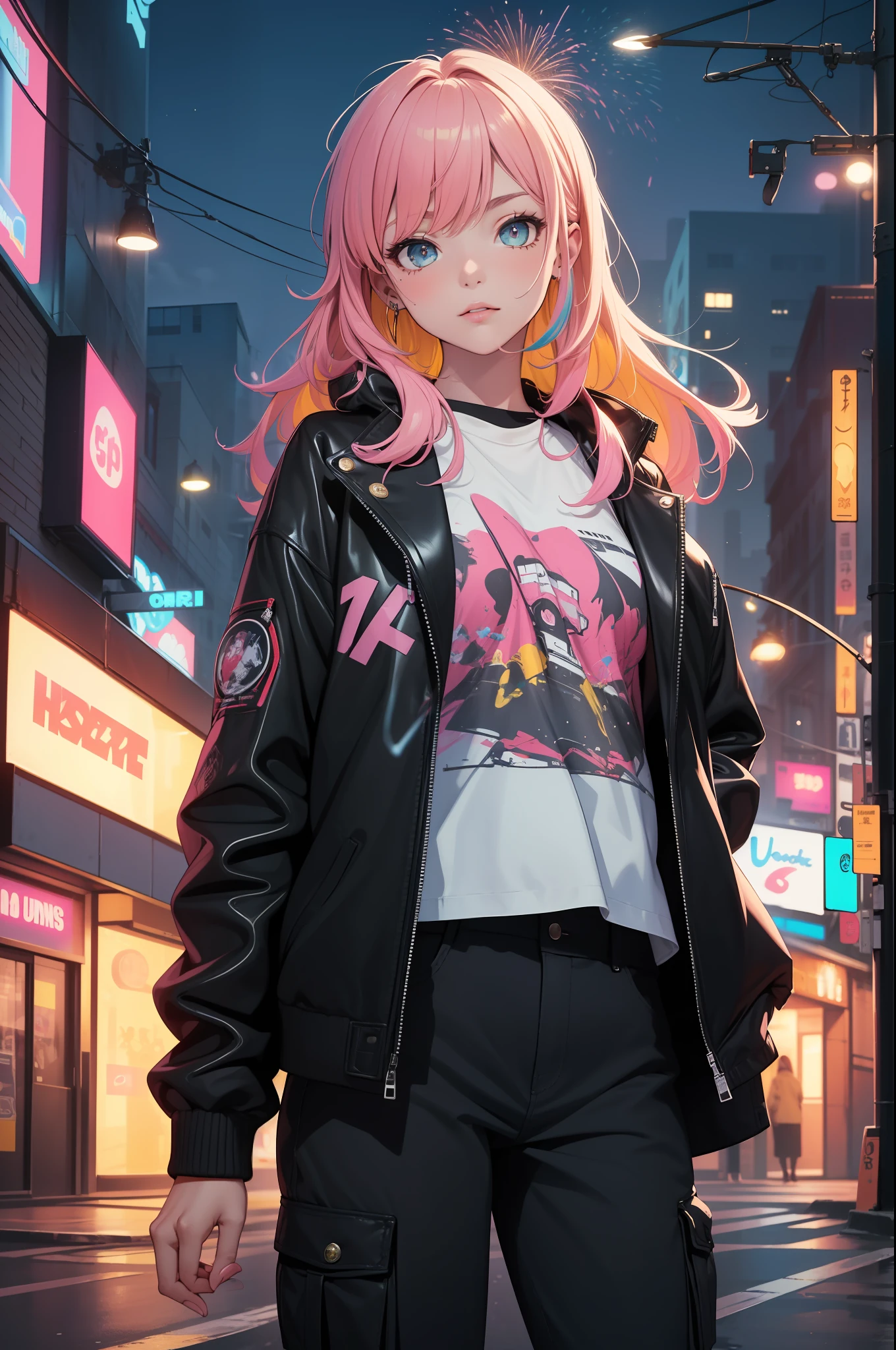 (masterpiece:1.4), 1girl, Streetwear, leather jacket, cargo pants, street, (masterpiece, best quality, highres, ultra detailed ), night, depth of field, absurdres, (masterpiece:1.4), ultra-detailed, 1girl, stand up, yellow and pink, long pastel yellow wildly hair with black streaks, urban mage, surrounded by neon and colored sparks