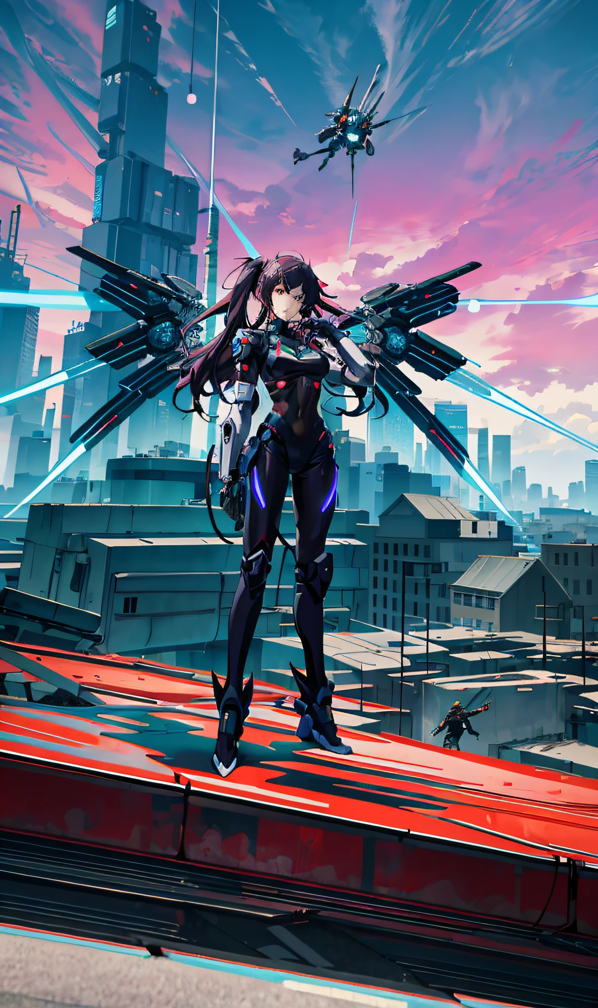 anime character standing on a rooftop with a city in the background, cyberpunk anime girl mech, digital cyberpunk anime art, cyberpunk anime girl, anime cyberpunk art, female cyberpunk anime girl, badass anime 8 k, girl in mecha cyber armor, female action anime girl, modern sci-fi anime, digital cyberpunk - anime art, anime style 4 k, modern cyberpunk anime --auto --s2