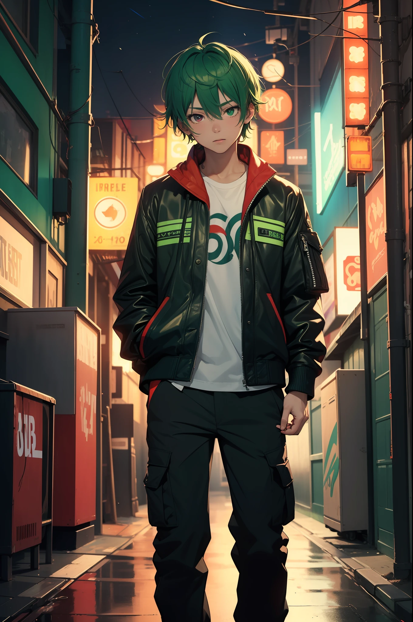 (masterpiece:1.4), 1boy, Streetwear, leather jacket, cargo pants, street, (masterpiece, best quality, highres, ultra detailed ), night, depth of field, absurdres, (masterpiece:1.4), ultra-detailed, 1boy, stand up, green and red, short green wildly hair with red streaks, urban mage, surrounded by neon and colored sparks