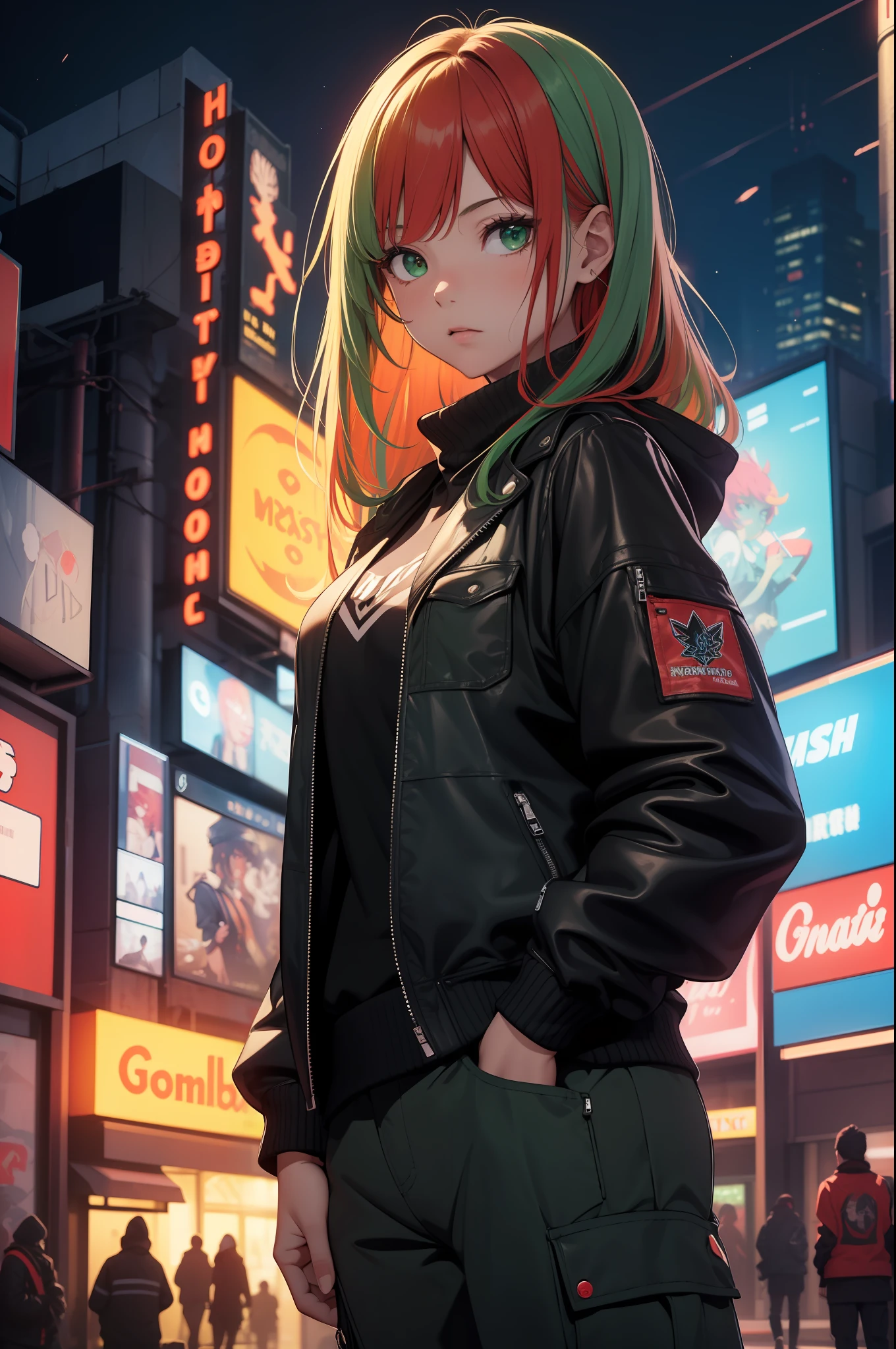 (masterpiece:1.4), 1girl, Streetwear, leather jacket, cargo pants, street, (masterpiece, best quality, highres, ultra detailed ), night, depth of field, absurdres, (masterpiece:1.4), ultra-detailed, 1girl, stand up, green and red, long green fluttering hair with red streaks, urban mage, surrounded by neon and colored sparks