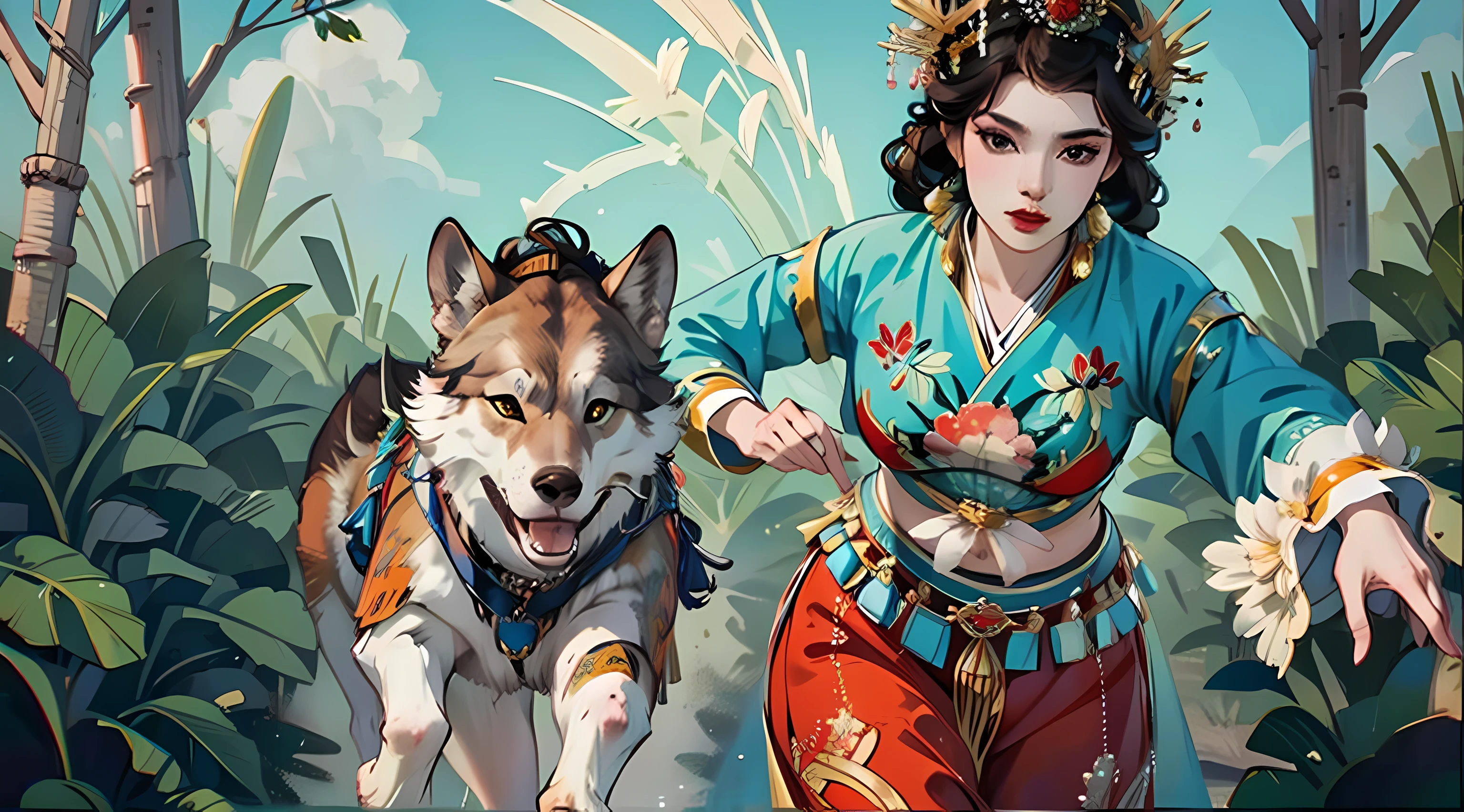 Women running around wearing tribal clothes running alongside hyperrealistic 8K wolves --auto --s2