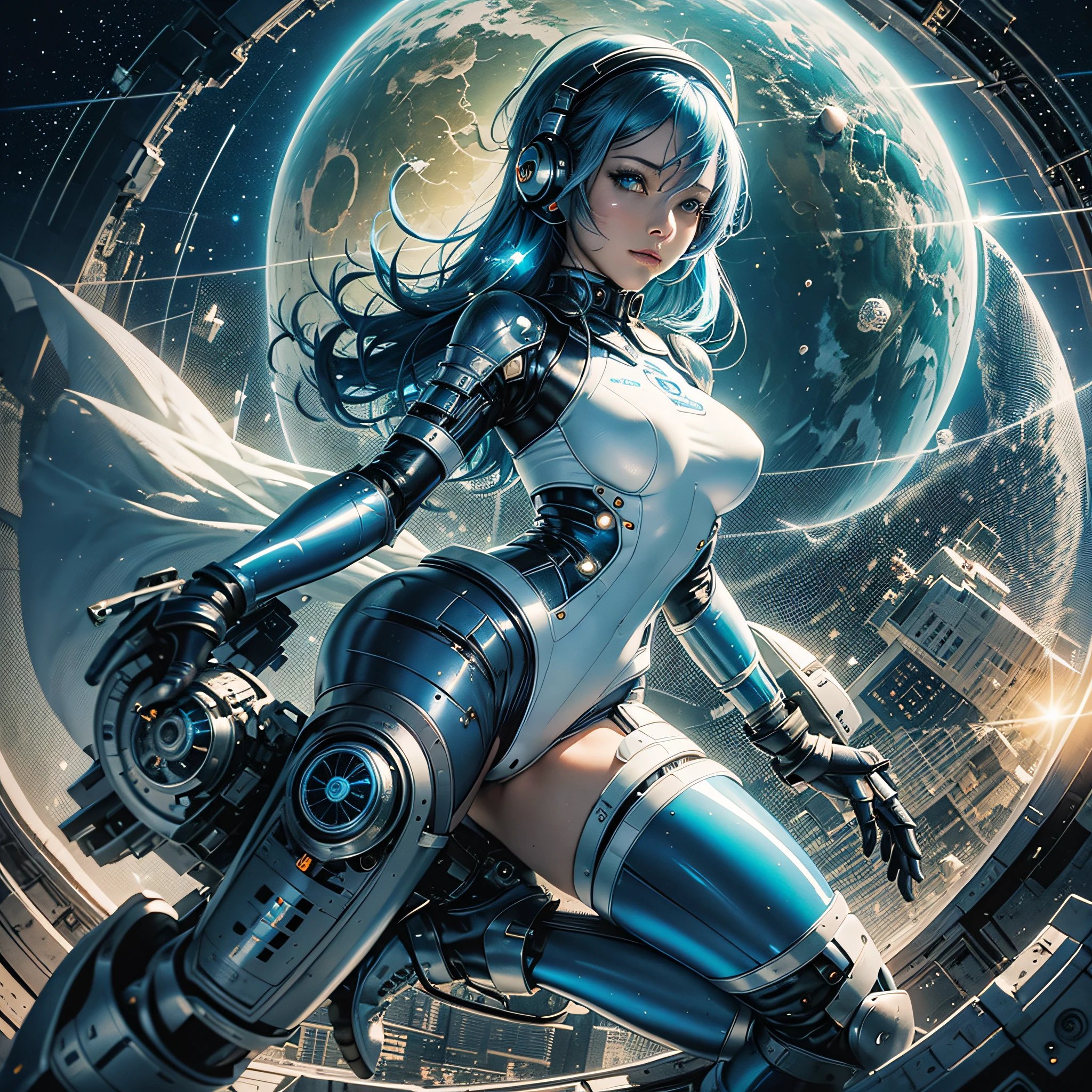 Full body, blue hair, blunt van, masterpiece, top quality, official art, album art, very elaborate CG Unity 8K wallpaper, lone girl, Japan girl, full body, super high resolution, (photorealistic: 1.4), dynamic angle, dynamic pose, mystical power, floating particles, reflection, so cute, sparkling blue color eyes, golden hour lighting, Pilot suit in white and blue and black colors, tight fitting clothes, full-body covering clothes, knee boots, (puffy eyes), viewer looking, front-facing, beauty, medium breasts, shirt lift, metal wire, slim body, arm-length gloves, anime heroine, gentle smile, headset, helmet, detailed robot cockpit, super futuristic space