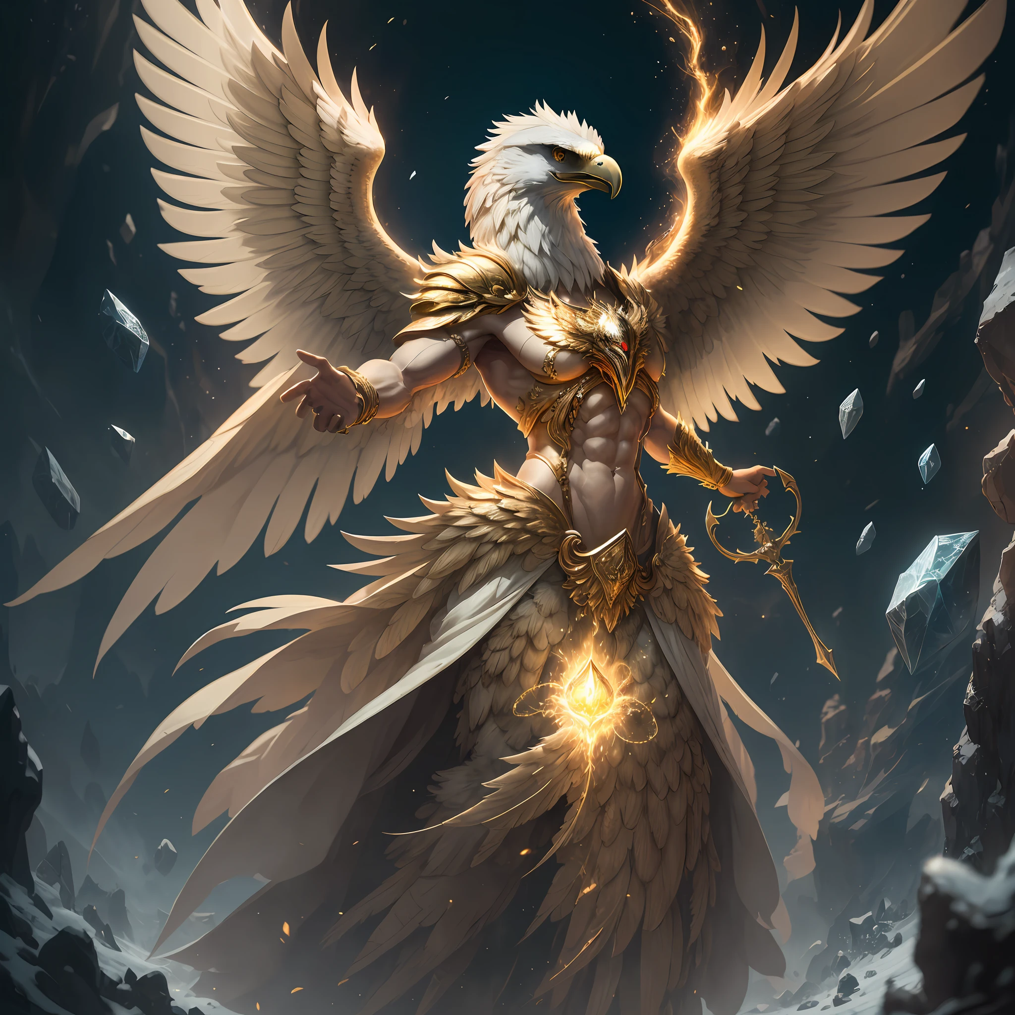 The anthropomorphic eagle vulture can be described as having a human body and (eagle's head) and golden wings, human arms, upright walking creatures, ((beautifully detailed griffin)) (extremely detailed CG Unity 8k wallpaper), professional majestic oil painting by Ed Blinky, Atea Gaylan, Studio Ghibli, Jeremy Mann, Greg Manches, Antonio Exhibited at ArtStation, Moreau was popular at CGSociety, with dramatic photorealistic paintings by Complex, High Detail, Sharp Focus, Midjourney, and Greg Rutkowska. super high resolution, best quality, photos, 8K, (Realistic: 1.2), cinematic lighting, giant in bright gold robe with golden feathers, floating on the crystal throne, floating on a crystal cloud, yellow eyes, bright yellow light emanating from the throne, gemstone floating in the sky, God, a beam of light shrouds his body, The crystal throne has large translucent (golden feathered wings) with wings spread, Golden light overhead (aura: 1.2), abdominal muscles wearing medieval golden armor, golden feathers, masculinity, darkness, masterpiece, best quality, intricate details, snow environment and crystal in background, crystal cathedral, futuristic portal, 3D light, HD, magic, light god, backlight, detailed face, fear, depth of field, soft lighting, tone mapping, high detail, concept art, smooth, clear focus, dramatic lighting, highly detailed art, film, 8K, Amazing shadows (highly detailed background: 1.2) --auto --s2