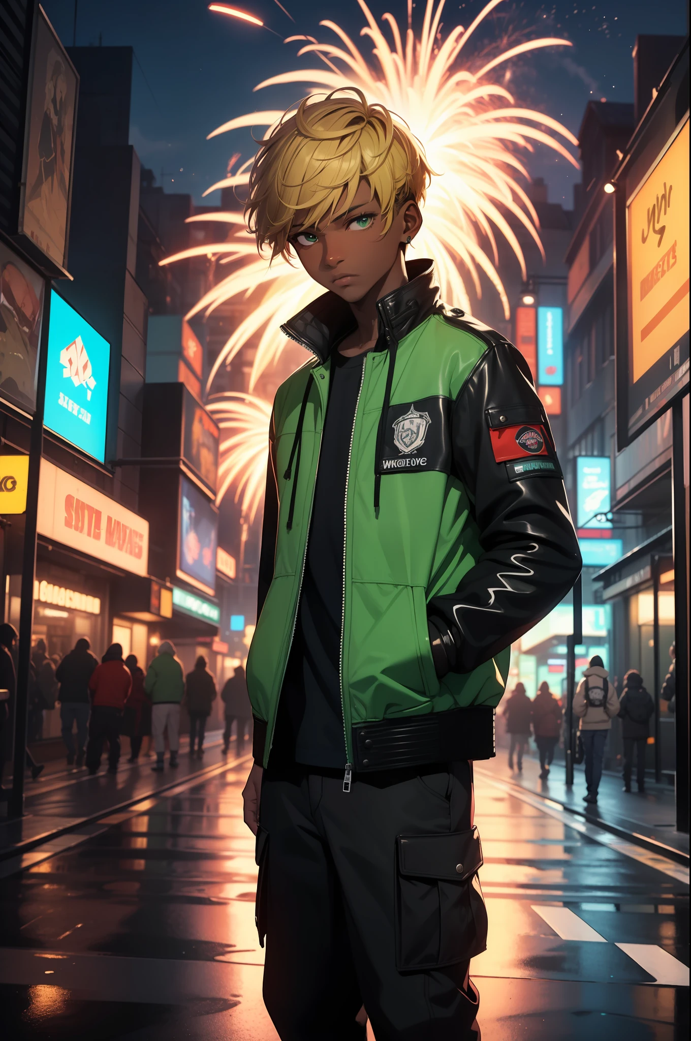 (masterpiece:1.4), 1boy, Streetwear, leather jacket, cargo pants, street, (masterpiece, best quality, highres, ultra detailed ), night, depth of field, absurdres, (masterpiece:1.4), ultra-detailed, 1boy, dark-skinned, stand up, green and red, short blonde wildly hair with black streaks, urban mage, surrounded by neon and colored sparks