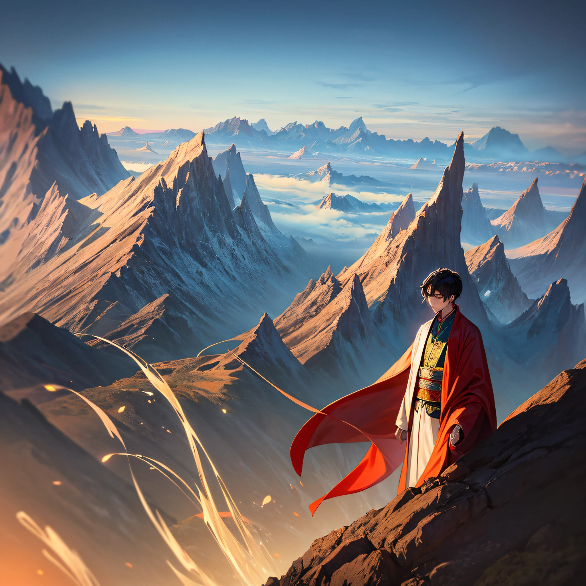 1 male, 18 years old, crossing, mountain peak, manor, wearing a Taoist robe, black hair, ancient costume, Taoist image, real, the most harmonious quality, masterpiece, solo, full of soft breath, tens of thousands of miles of heaven and earth aura, crazy convergence, straight towards the youth,