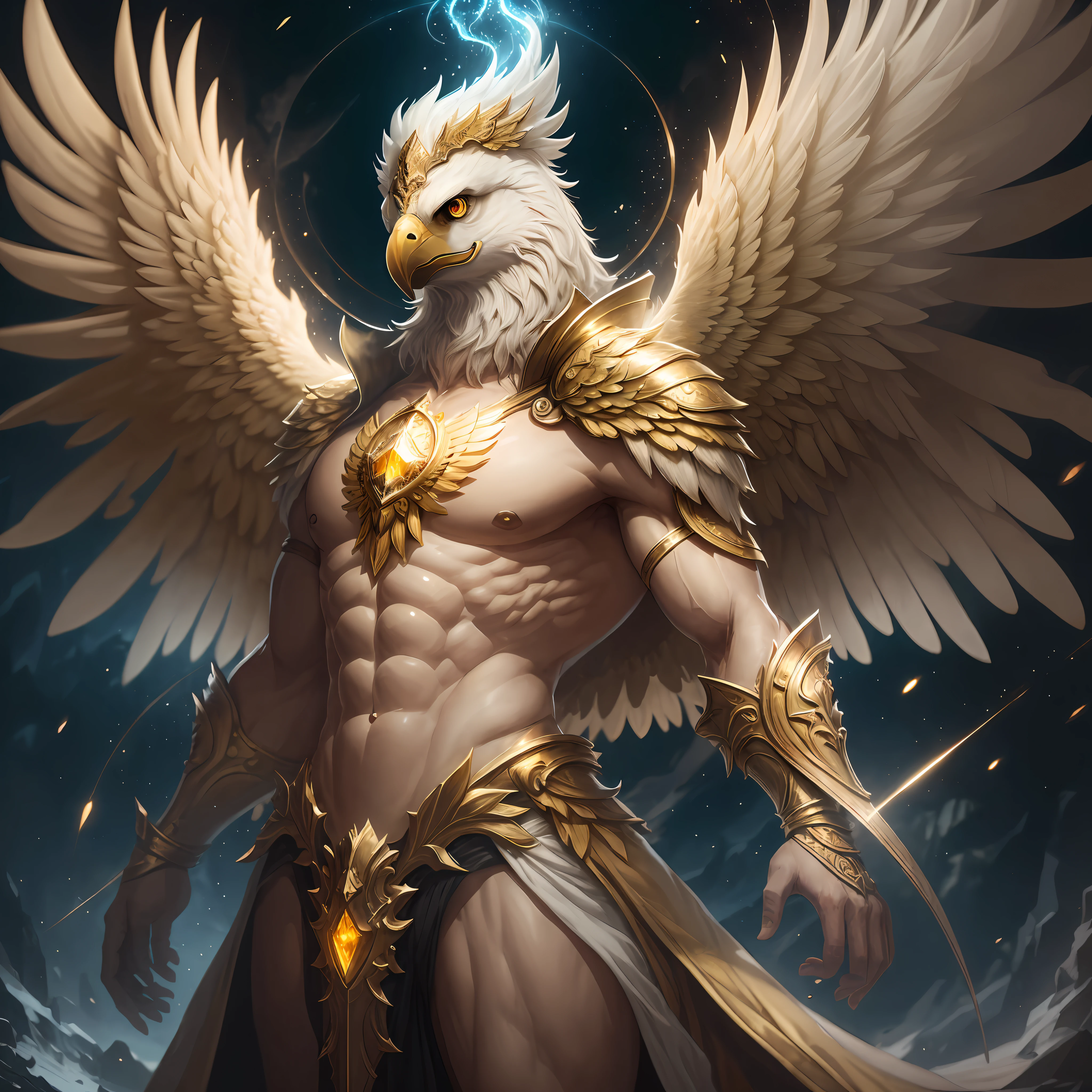 The anthropomorphic eagle vulture can be described as having a human body and (eagle's head) and golden wings, human arms, upright walking creatures, ((beautifully detailed griffin)) (extremely detailed CG Unity 8k wallpaper), professional majestic oil painting by Ed Blinky, Atea Gaylan, Studio Ghibli, Jeremy Mann, Greg Manches, Antonio Exhibited at ArtStation, Moreau was popular at CGSociety, with dramatic photorealistic paintings by Complex, High Detail, Sharp Focus, Midjourney, and Greg Rutkowska. super high resolution, best quality, photos, 8K, (Realistic: 1.2), cinematic lighting, giant in bright gold robe with golden feathers, floating on the crystal throne, floating on a crystal cloud, yellow eyes, bright yellow light emanating from the throne, gemstone floating in the sky, God, a beam of light shrouds his body, The crystal throne has large translucent (golden feathered wings) with wings spread, Golden light overhead (aura: 1.2), abdominal muscles wearing medieval golden armor, golden feathers, masculinity, darkness, masterpiece, best quality, intricate details, snow environment and crystal in background, crystal cathedral, futuristic portal, 3D light, HD, magic, light god, backlight, detailed face, fear, depth of field, soft lighting, tone mapping, high detail, concept art, smooth, clear focus, dramatic lighting, highly detailed art, film, 8K, Amazing shadows (highly detailed background: 1.2) --auto --s2