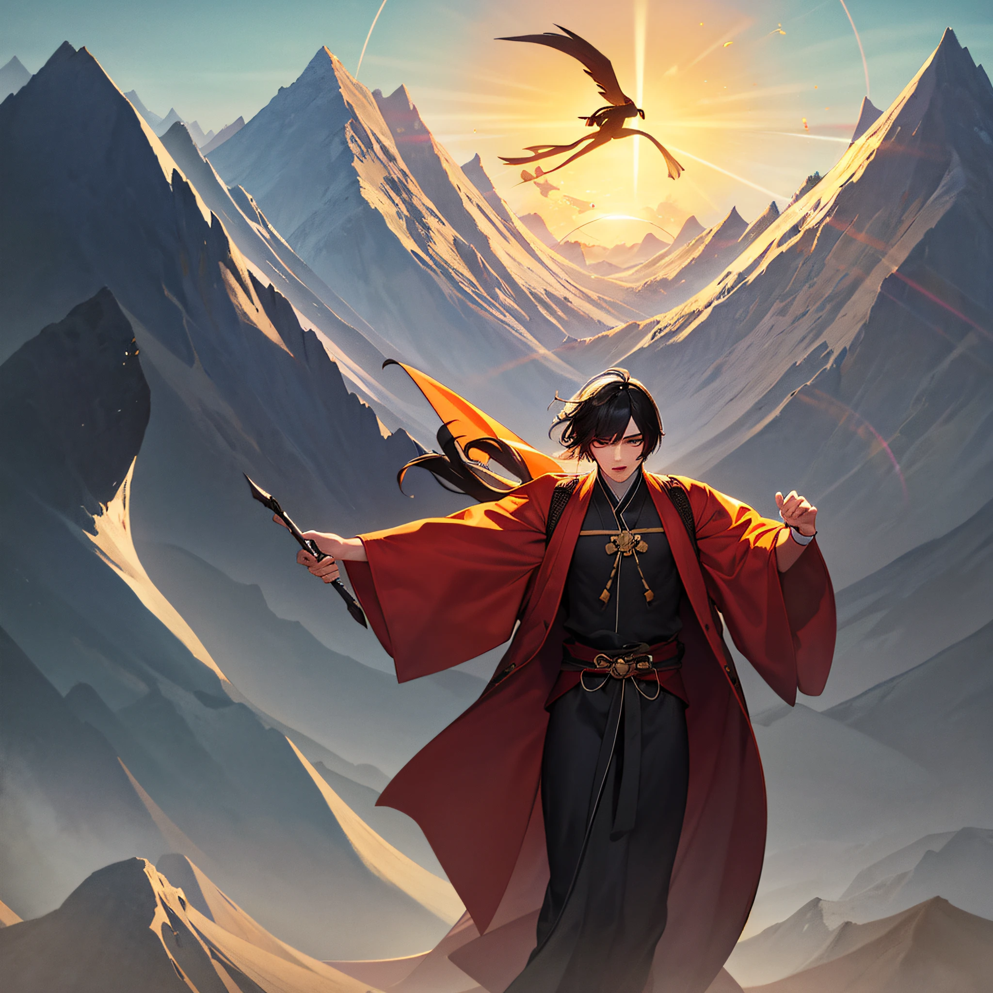 1 male, 18 years old, crossing, mountain peak, manor, wearing a Taoist robe, black hair, ancient costume, Taoist image, real, the most harmonious quality, masterpiece, solo, full of soft breath, tens of thousands of miles of heaven and earth aura, crazy convergence, straight towards the youth,