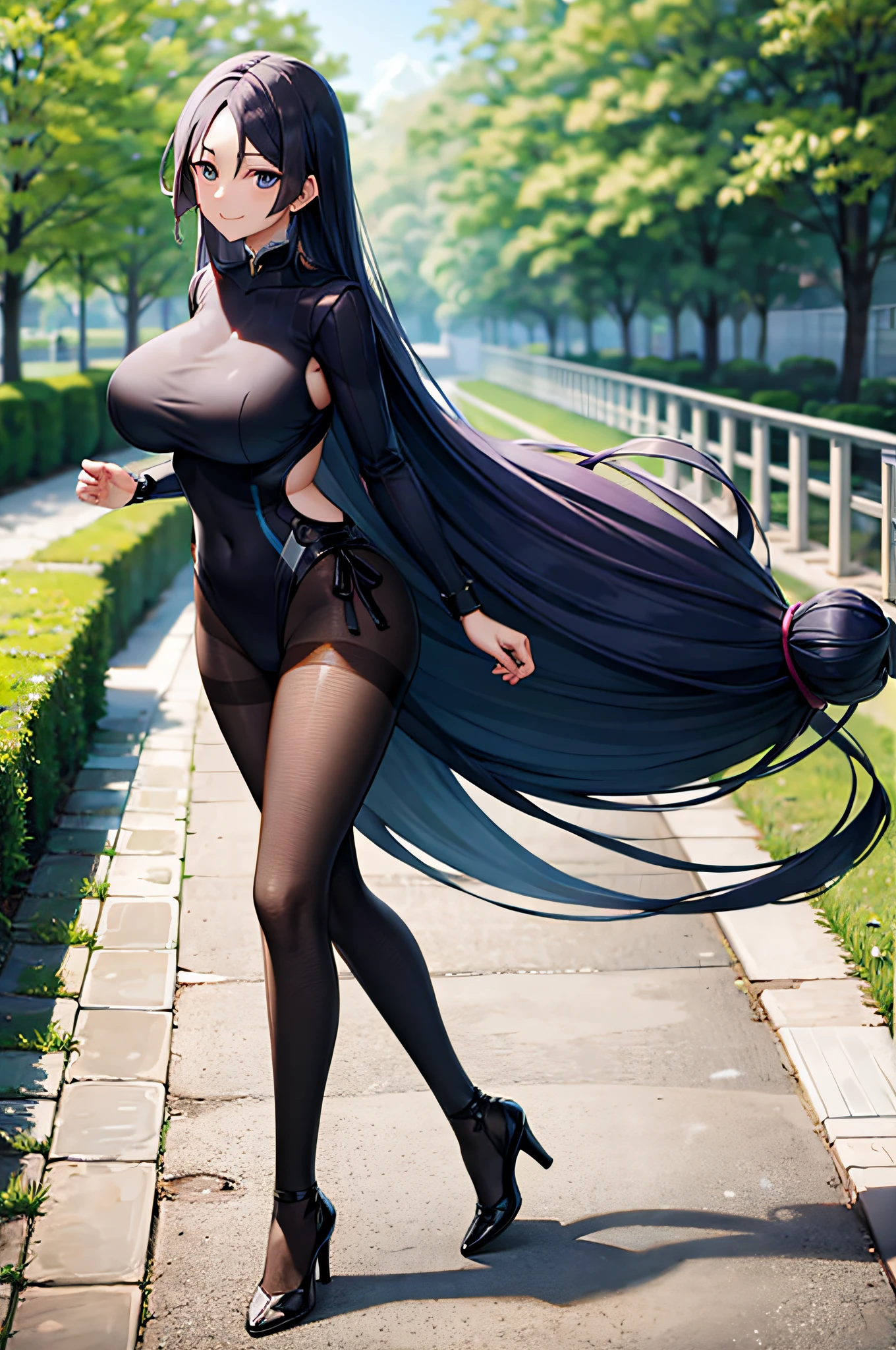 Masterpiece, Best Quality, High Resolution, HS1, (Black Dance Suit: 1.6) (Black Pantyhose: 1.8), (I Word バランス: 1.8), Competition Swimsuit, Looking at the Spectators, Park, Long Hair, Big Breasts, Smile, Outdoor, Full Body, Sunlight, Dappled Sunlight, Daytime, Depth of Field, Wet Gorund,
