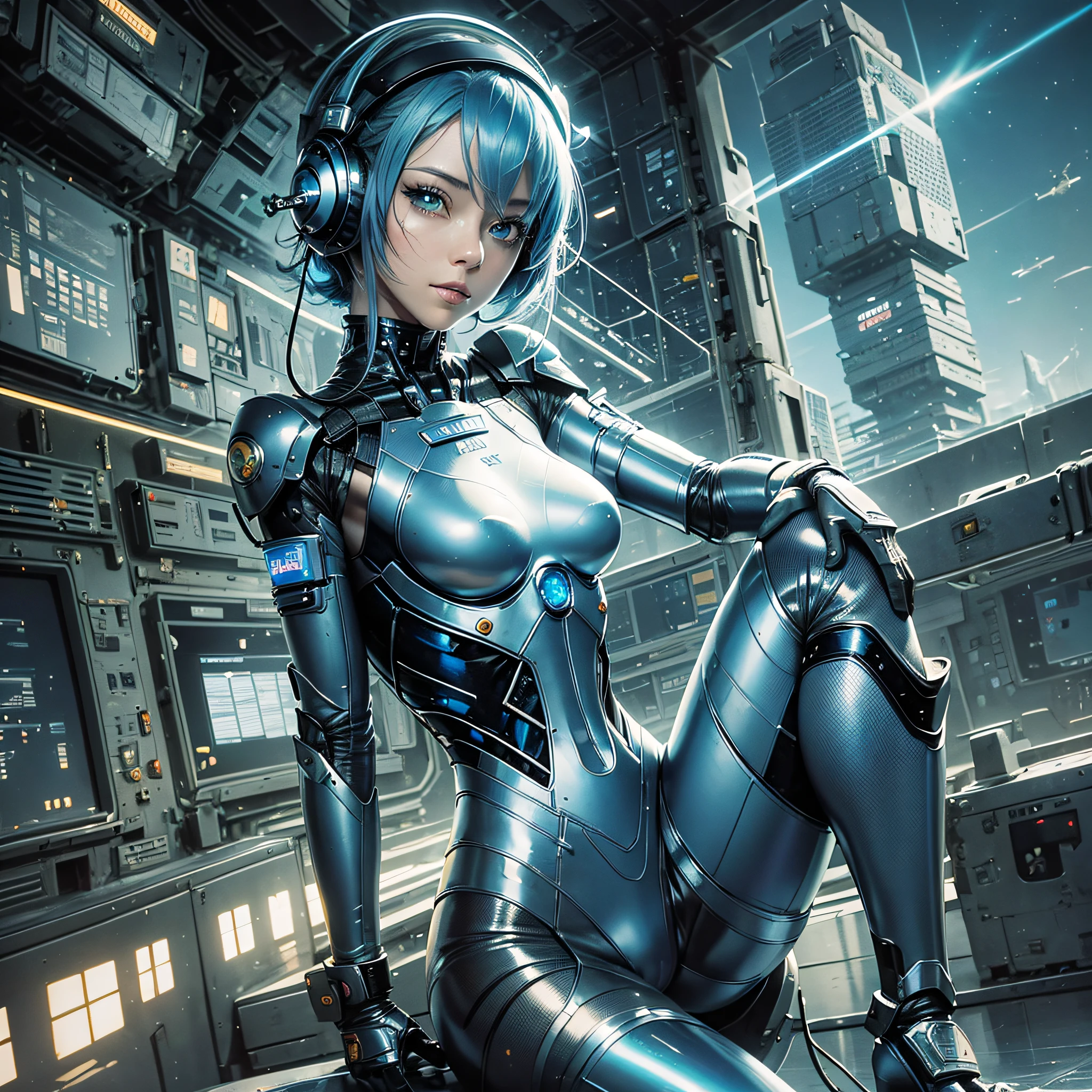 Full body, blue hair, blunt van, masterpiece, top quality, official art, album art, very elaborate CG Unity 8K wallpaper, lone girl, Japan girl, full body, super high resolution, (photorealistic: 1.4), dynamic angle, dynamic pose, mystical power, floating particles, reflection, so cute, sparkling blue color eyes, golden hour lighting, Pilot suit in white and blue and black colors, tight fitting clothes, full-body covering clothes, knee boots, (puffy eyes), viewer looking, front-facing, beauty, medium breasts, shirt lift, metal wire, slim body, arm-length gloves, anime heroine, gentle smile, headset, helmet, detailed robot cockpit, super futuristic space