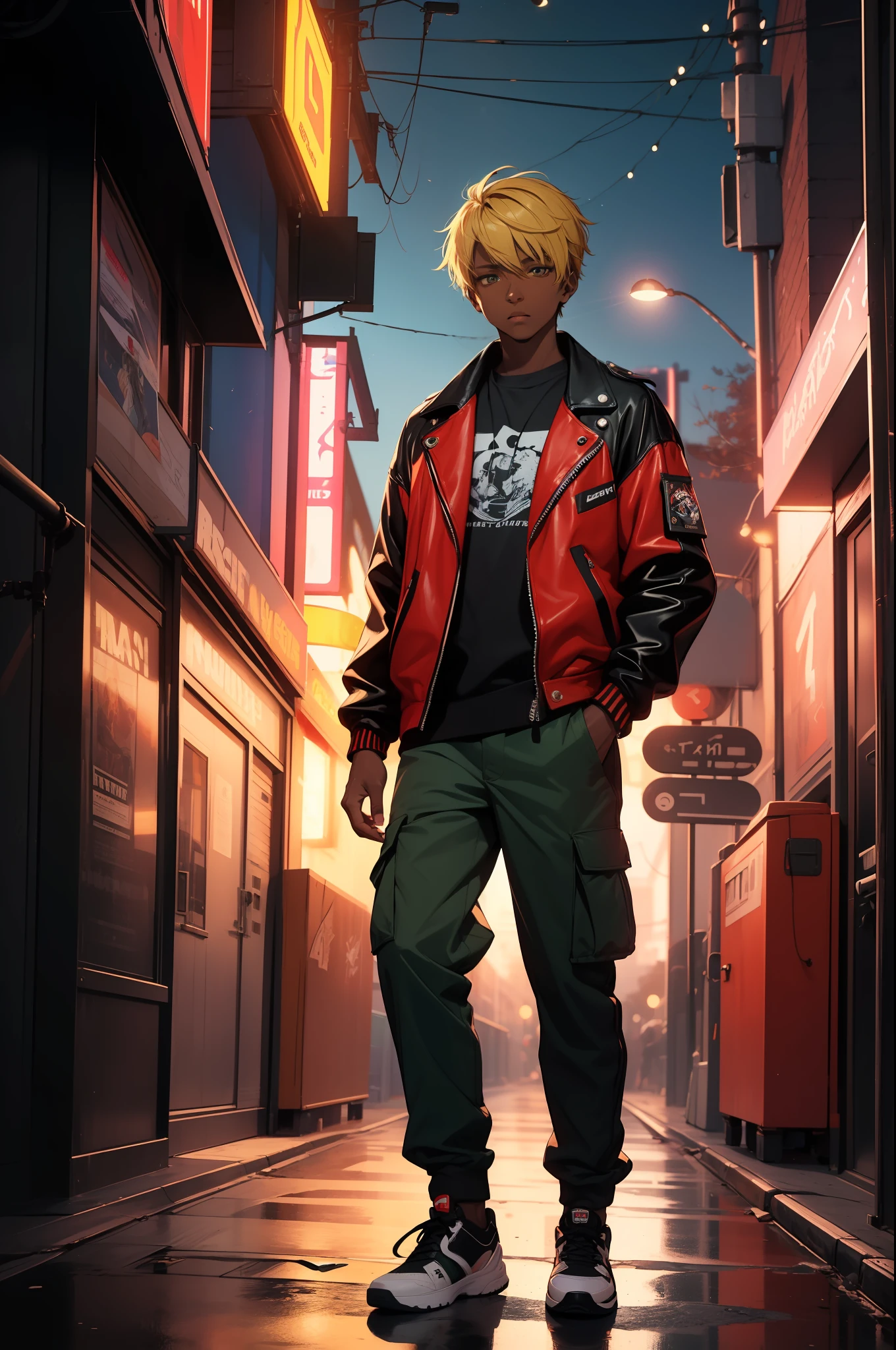 (masterpiece:1.4), 1boy, Streetwear, leather jacket, cargo pants, street, (masterpiece, best quality, highres, ultra detailed ), night, depth of field, absurdres, (masterpiece:1.4), ultra-detailed, 1boy, dark-skinned, stand up, green and red, short blonde wildly hair with black streaks, urban mage, surrounded by neon and colored sparks