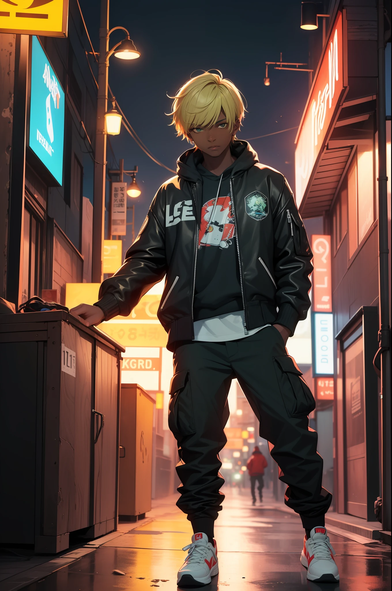 (masterpiece:1.4), 1boy, Streetwear, leather jacket, cargo pants, street, (masterpiece, best quality, highres, ultra detailed ), night, depth of field, absurdres, (masterpiece:1.4), ultra-detailed, 1boy, dark-skinned, stand up, green and red, short blonde wildly hair with black streaks, urban mage, surrounded by neon and colored sparks