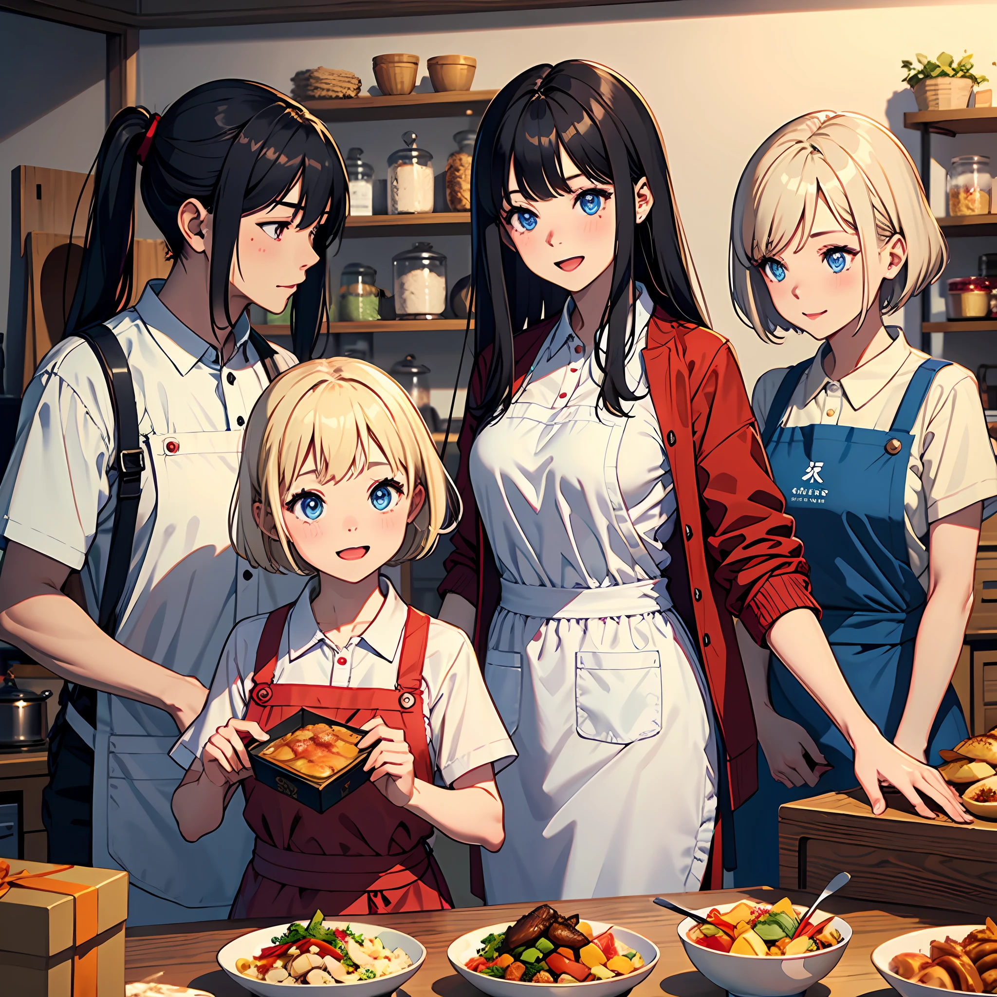 1boy,2girls,multiple girls,black hair,blue eyes,box,long hair,blonde hair,white shirt,shirt,open mouth,jacket,short hair,red jacket,indoors,smile,shop,black apron,gift,blush,apron,food,chinese text,looking at another,holding,holding box,short sleeves,gift box,shelf,kitchen,bangs,indoor,family,the old,parent,高分辨率，超详细，8k