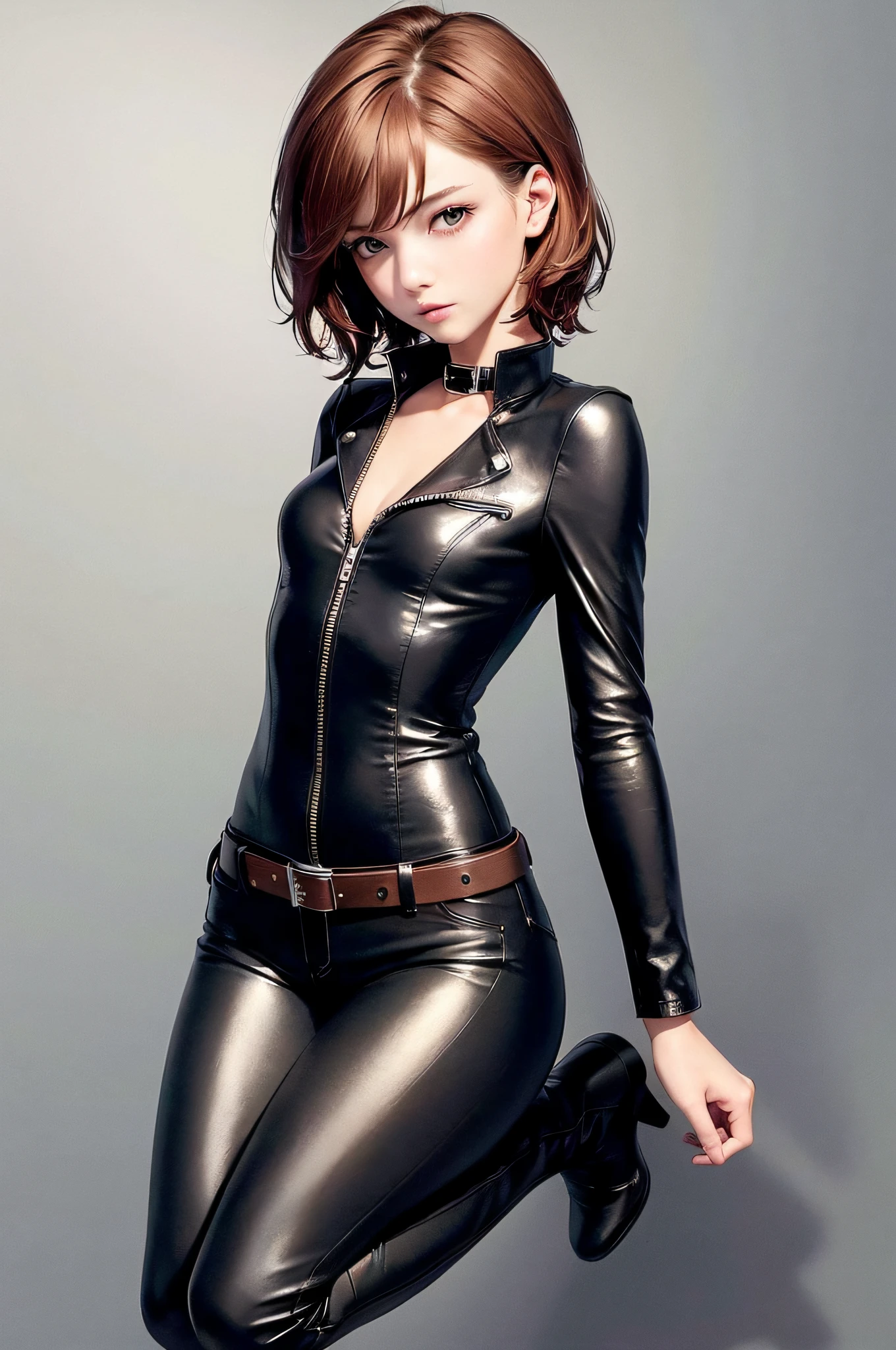((Medium, Tomboyish, Small Head)), (Perfect Body: 1.1), (Short Wavy Hair: 1.2), Reddish Brown, Collar, Full Body Shot, Crowded City, Leather Jacket, Long Leather Pants, White Shirt with Collar, (Very Elaborate CG 8K Wallpaper), (Very Delicate and Beautiful), (Masterpiece), (Best Quality): 1.0), (Ultra High Definition: 1.0), Beautiful Lighting, Perfect Lightning, Realistic shadows, [High Resolution], Detailed skins, Super Detail ((Colorful)), Long Boots,