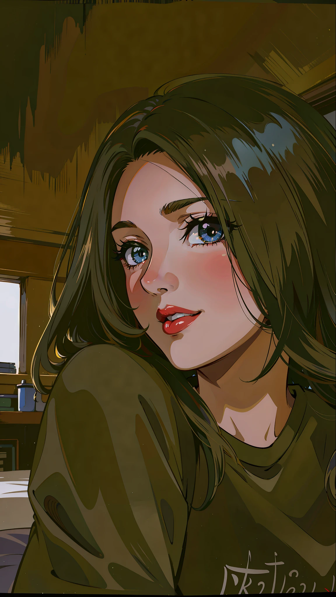 (masterpiece),(best quality:1.0), (ultra highres:1.0), detailed illustration, 8k, anime, 1girl, beautiful anime girl, wearing a black t-shirt, intricate details, black eyes, detailed eyes, black hair, detailed hair detailed, highlights on hair, slight smile, red lips, red lipstick, pretty lips, anime style, best quality, detailed