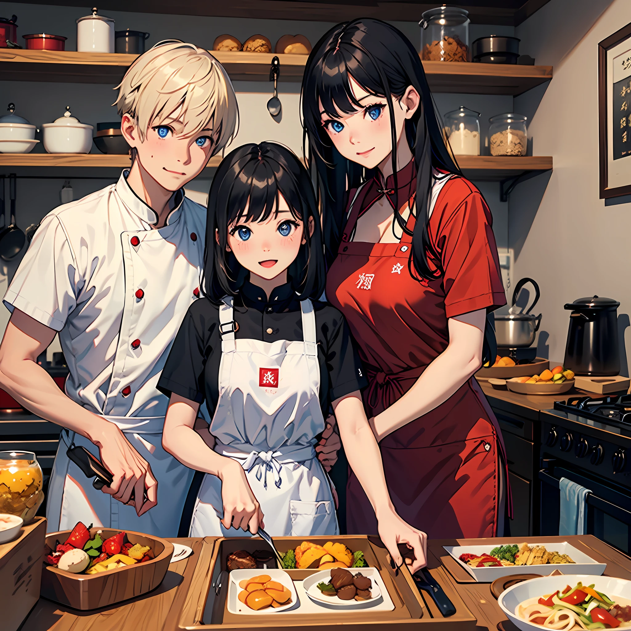 1boy,2girls,multiple girls,black hair,blue eyes,box,long hair,blonde hair,white shirt,shirt,open mouth,jacket,short hair,red jacket,indoors,smile,shop,black apron,gift,blush,apron,food,chinese text,looking at another,holding,holding box,short sleeves,gift box,shelf,kitchen,bangs,indoor,family,the old,parent,高分辨率，超详细，8k