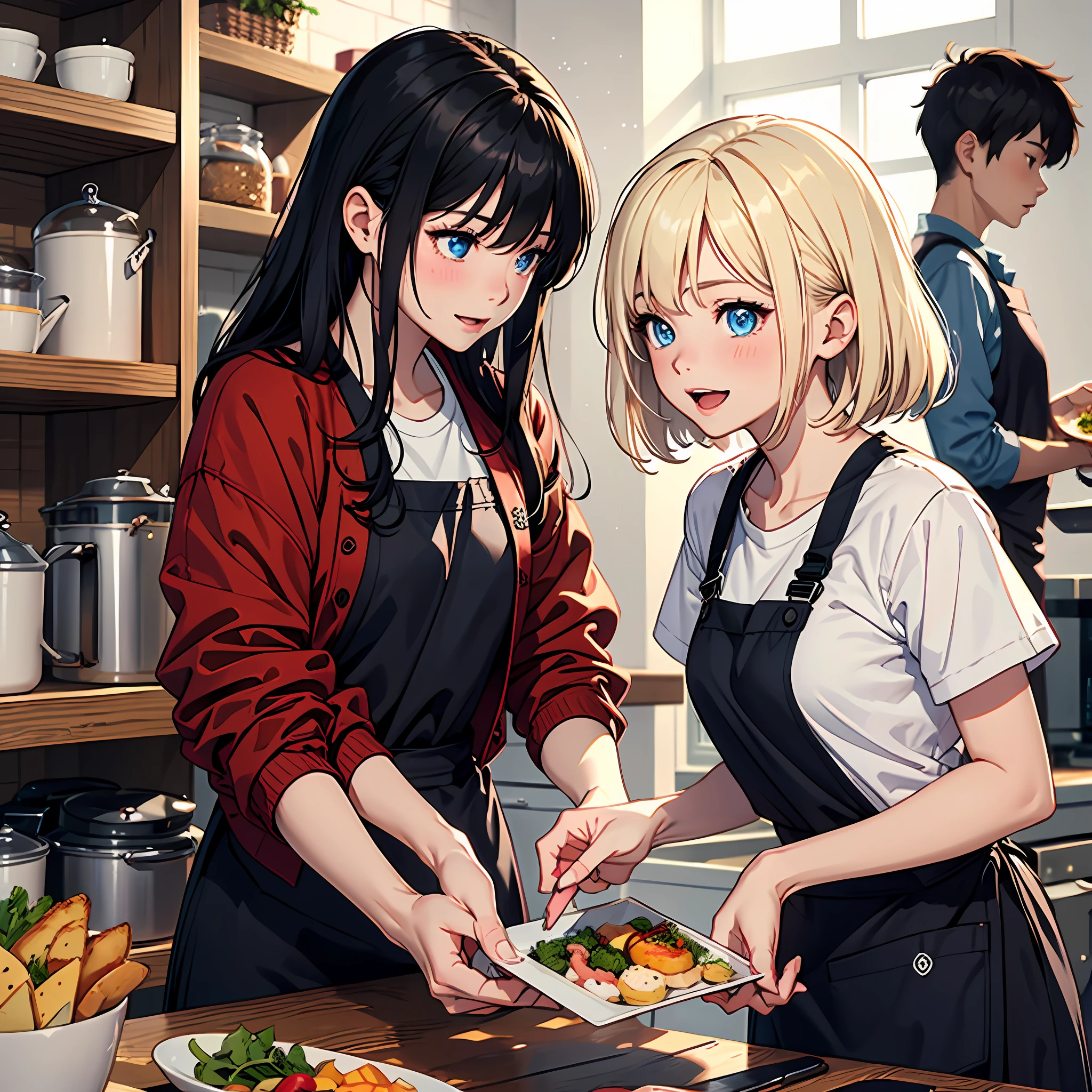 1boy,2girls,multiple girls,black hair,blue eyes,box,long hair,blonde hair,white shirt,shirt,open mouth,jacket,short hair,red jacket,indoors,smile,shop,black apron,gift,blush,apron,food,chinese text,looking at another,holding,holding box,short sleeves,gift box,shelf,kitchen,bangs,indoor,family,the old,parent,高分辨率,超详细,8k