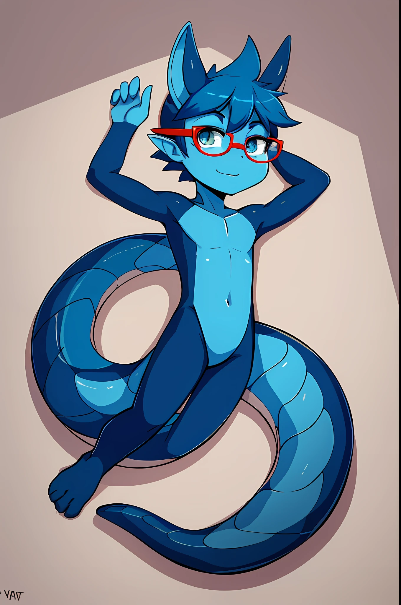 There is a cartoon of a blue dragon wearing black-framed glasses, a young male human dragon, a human gecko, a human lizard, as an anthropomorphic dragon, human dragon art, but as an anthropomorphic dragon, cute little blue dragon, varguyart style, anthropomorphic dragon, cel shadow!, serpentine pose