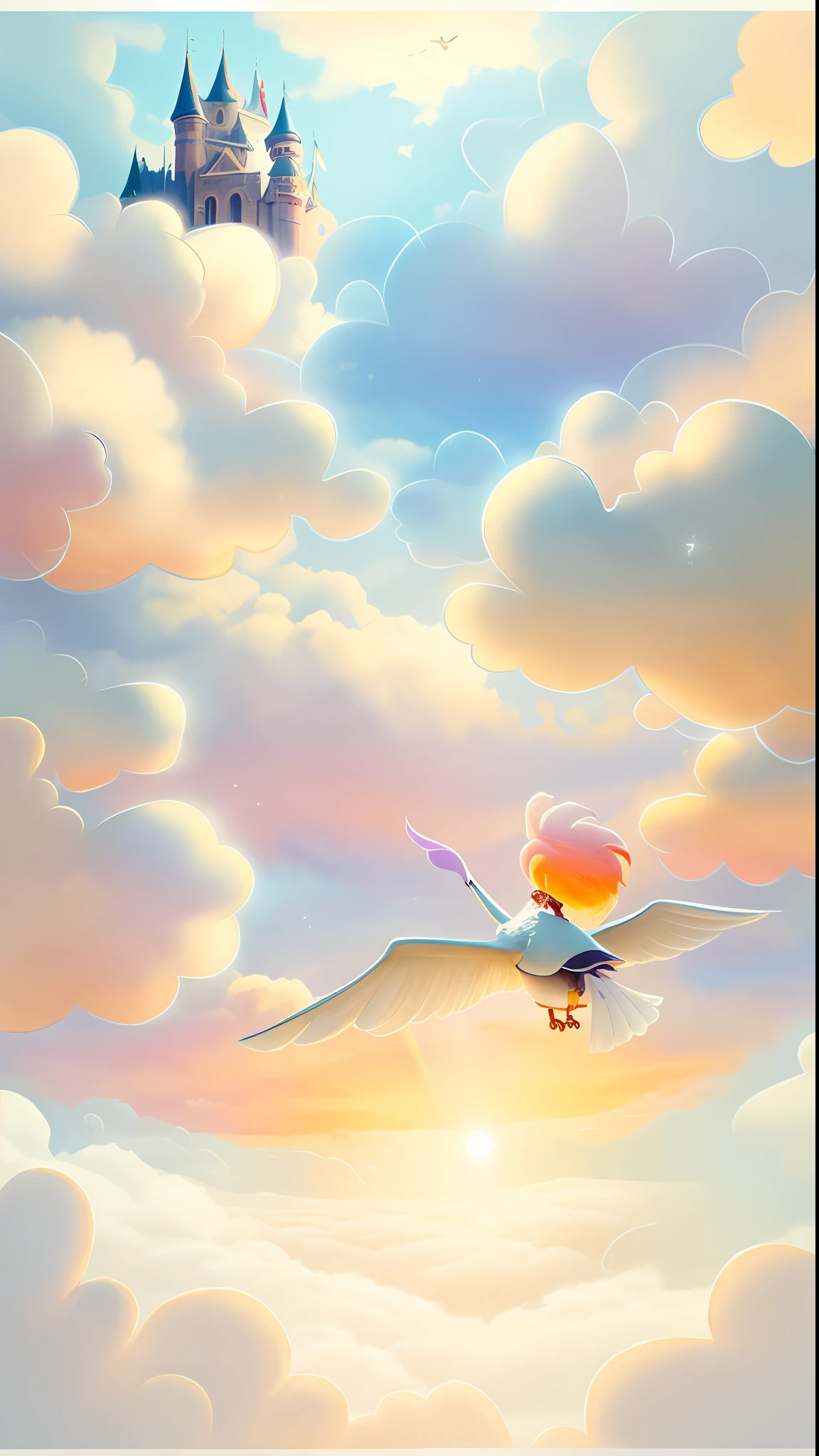a bird flying in the sky with a castle in the background, flitting around in the sky, a girl riding, colorful clouds and wings and waves, disney 2d style, soaring through the sky, production art, sky, flying through the sky, inspired by Philipp Veit, flying through the clouds, inspired by Winsor McCay, 8k, high detail, artstration