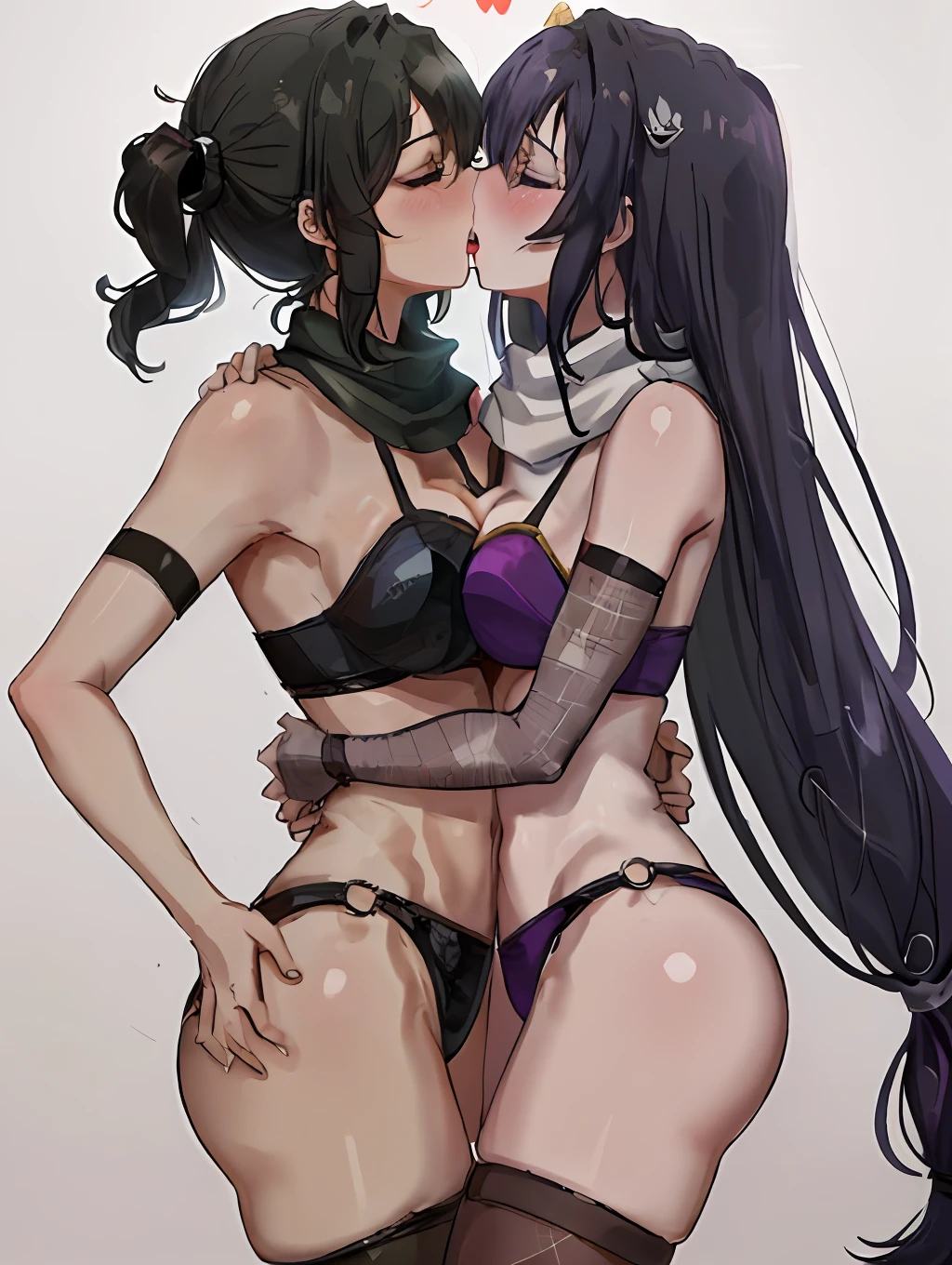 "(((((Masterpiece}})))), {{Highest quality}}, {{Hi-Res}}, (((2 girls)), {{Yuri}}, ((Kiss:1.4)), ((French kiss)), {{{blush}}, {{Eyes closed}}, ((tongue)), (Saliva)), (groping)), {{Hands on chest}, {{Hands on chest}}, {{Make Emo}}, {{Goth}}, ((separate bodies)), {{8k}}, {{Details}}, {{Seduction}}, Hair black Ando purple, kunoichi, ninja, ninja costume, chain mail, scarf, sleeve, net tights, leg ties, kusagi, accurate drawing, detailed drawing,