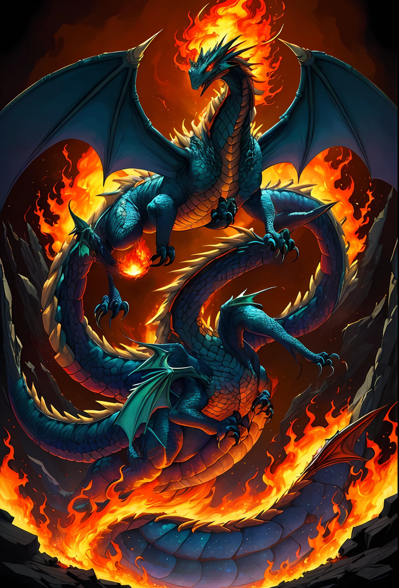 ((Best Quality)), ((Masterpiece)), ((Surrealism), ((Surrealist Fantasy Style)), Jim Lee's beautiful intricate soft oil paintings, mythical birds of prey, facing the viewer, a stunningly beautiful and powerful monster dragon erupting from the ashes, awesome legendary fire dragon, (full of vibrant rainbow flames, colorful flames, spiral hell: 1.5), huge symmetrical flame wings, ultra-detailed feathers, sharp claws, unparalleled magical energy, soft edge lighting, (flying), professional, soft volumetric lighting, depth of field, film grain, smoothness, roughness, real life, warm vibrant color palette