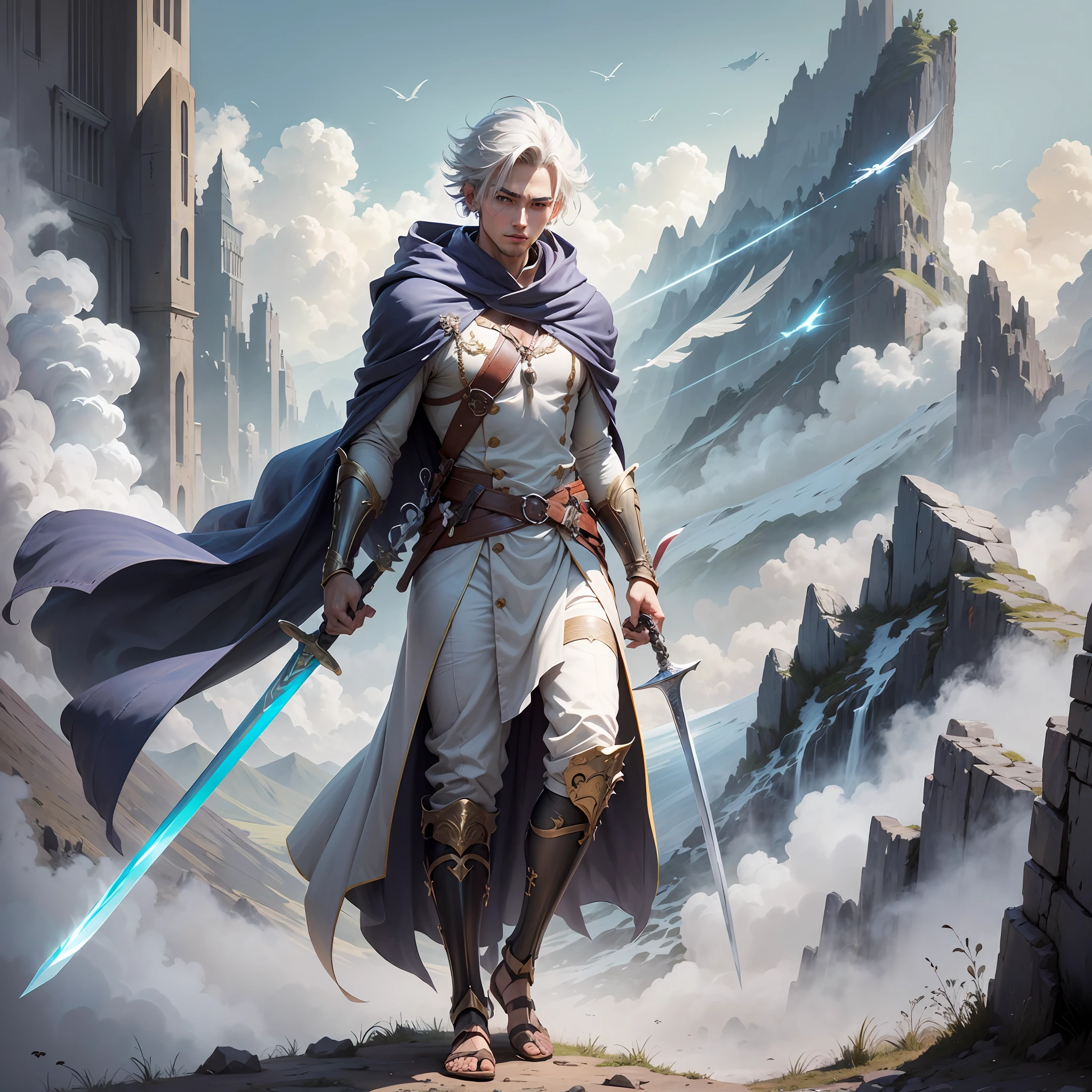 In the mountains, a cloaked male sword fairy flying in the sky with flying swords, overlooking the earth, seems to be looking for something, classical fairy, male, wingless, oriental male, gray robe, holding a sword in both hands, robe covering the entire body --auto --s2