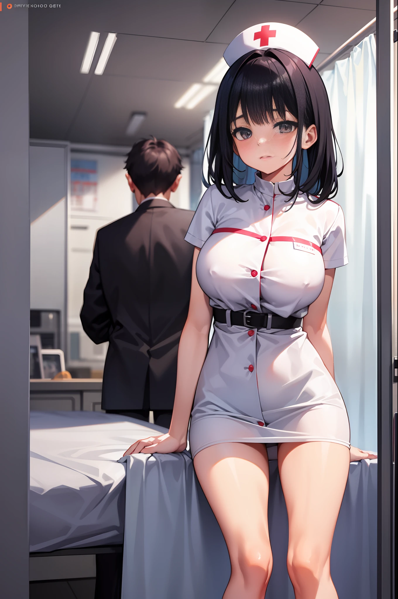 Infirmary, curtains, 1girl, nurse, transparent white dress, masterpiece, best quality, very detailed, (NSFW: 1.15)