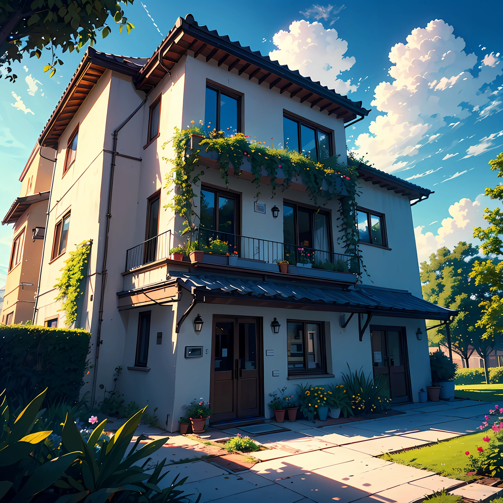 scenery,sky,plant,tree,outdoors,day,house,potted plant,building,no humans,cloud,window,blue sky,recording,flower pot,door,bush,viewfinder,architecture,no one,without humans,4k,高分辨