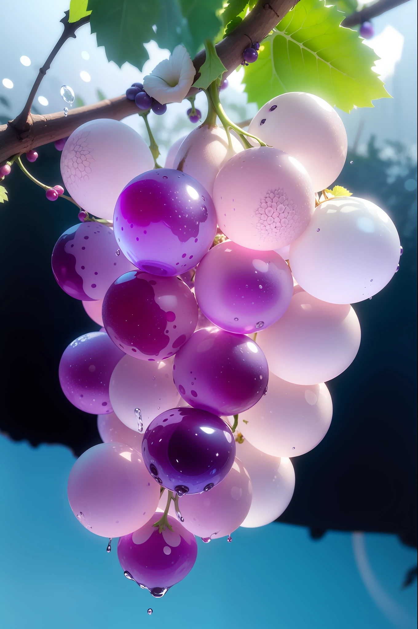 a close up of a bunch of grapes hanging from a vine, translucent grapes closeup, translucent grapes, grapes, grape, soft purple glow, wine, translucent eggs, white and purple, material is!!! plum!!!, bubbly, seen from below, glowing purple, berries dripping, drops, purple and blue colored, purple - tinted, purple ambient light, beautiful image