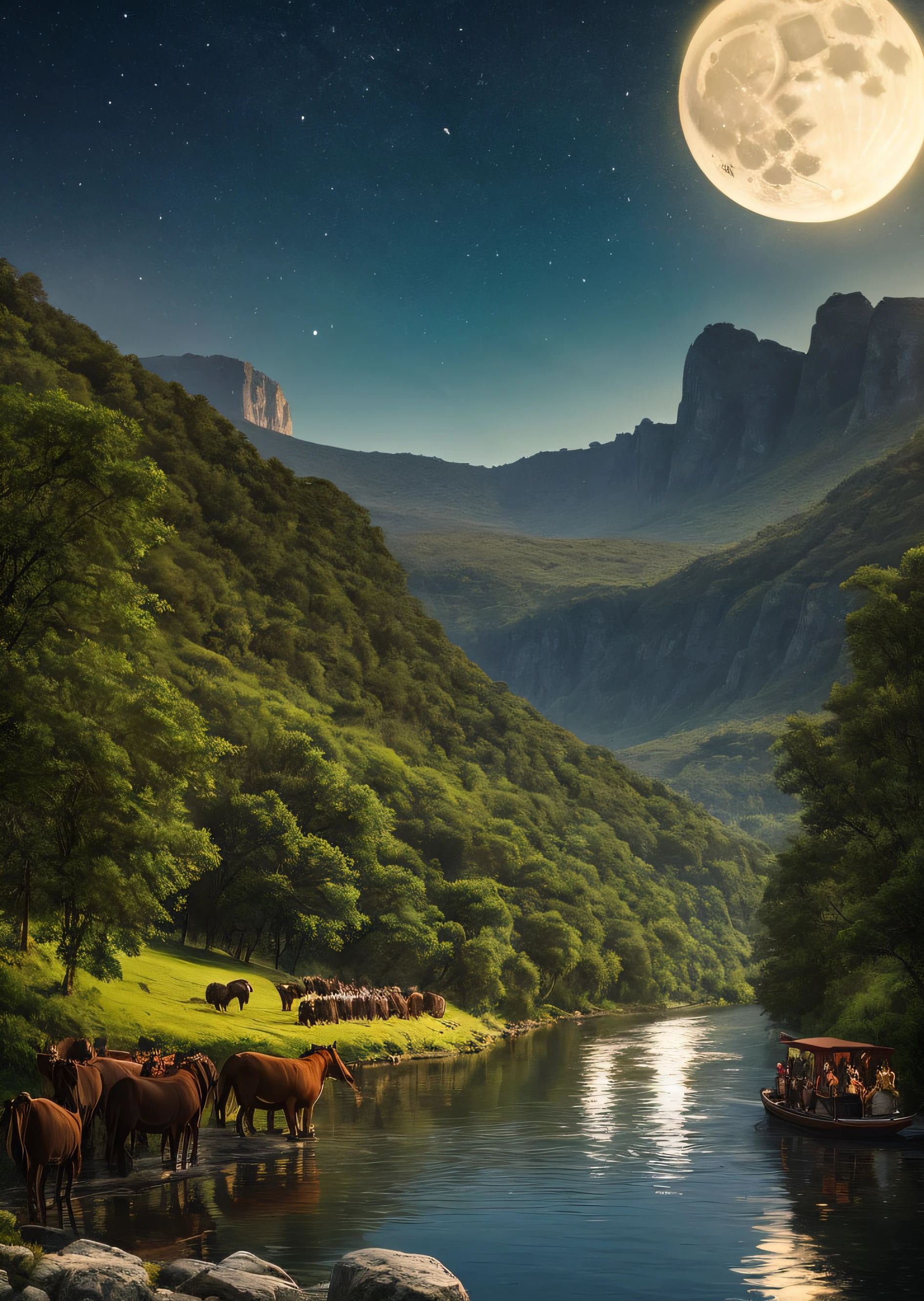 Create an ultra-realistic photo of a caravan with many people, adults and children with many bundles of clothes and oxen, sheep, horses, donkeys on the edge of the Jabbok River. Men should be wearing a brown tunic that covers their body up to their ankles, wearing leather sandals. Your face should convey determination and physical exertion. The scenery should depict the edge of the Jabbok River, illuminated by the soft light of the moon. Be sure to capture soft reflections in the water to create a realistic effect. Add trees and vegetation to emphasize the natural environment. Convey the intense emotions of both characters, with the man showing determination, pain, and effort on his face, while the angel exudes strength and seriousness. For a finishing touch, add small drops of water around the characters to create a realistic effect.