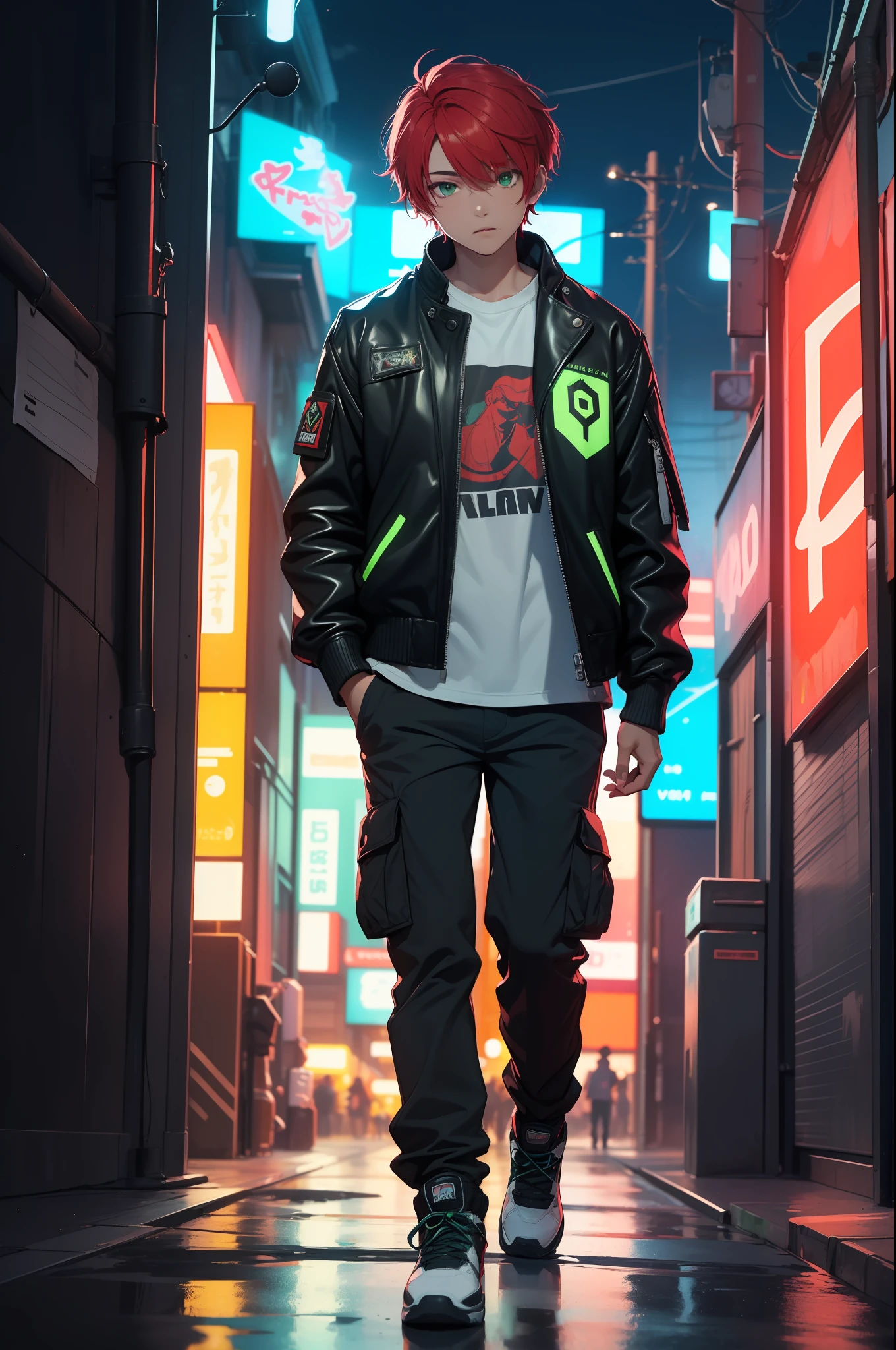 (masterpiece:1.4), 1boy, Streetwear, leather jacket, cargo pants, street, (masterpiece, best quality, highres, ultra detailed ), night, depth of field, absurdres, (masterpiece:1.4), ultra-detailed, 1boy, stand up, green and red, short red wildly hair with black streaks, urban mage, surrounded by neon and colored sparks