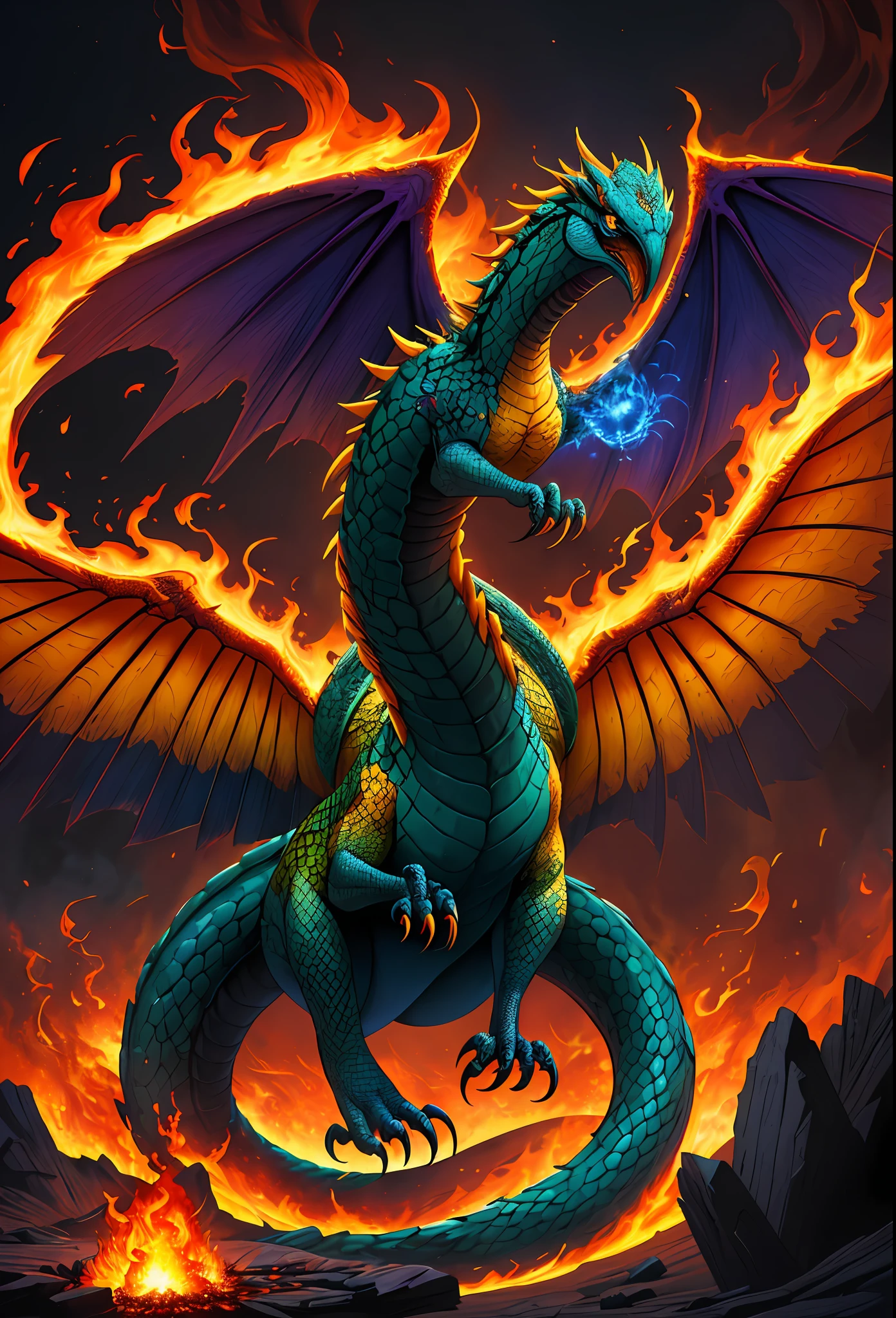 ((Best Quality)), ((Masterpiece)), ((Surrealism)), ((Surrealist Fantasy Style)), Jim Lee's beautiful intricate soft oil paintings, mythical birds of prey, facing the viewer, a stunningly beautiful and powerful monster snake erupting from ashes, the awe-inspiring legendary fire serpent, (full of vibrant rainbow flames, colorful flames, spiral hell: 1.5), huge symmetrical flame wings, ultra-detailed feathers, sharp claws, unparalleled magical energy, soft edge lighting, (flying), professional, soft volumetric lighting, depth of field, film grain, smoothness, roughness, real life, warm vibrant color palette