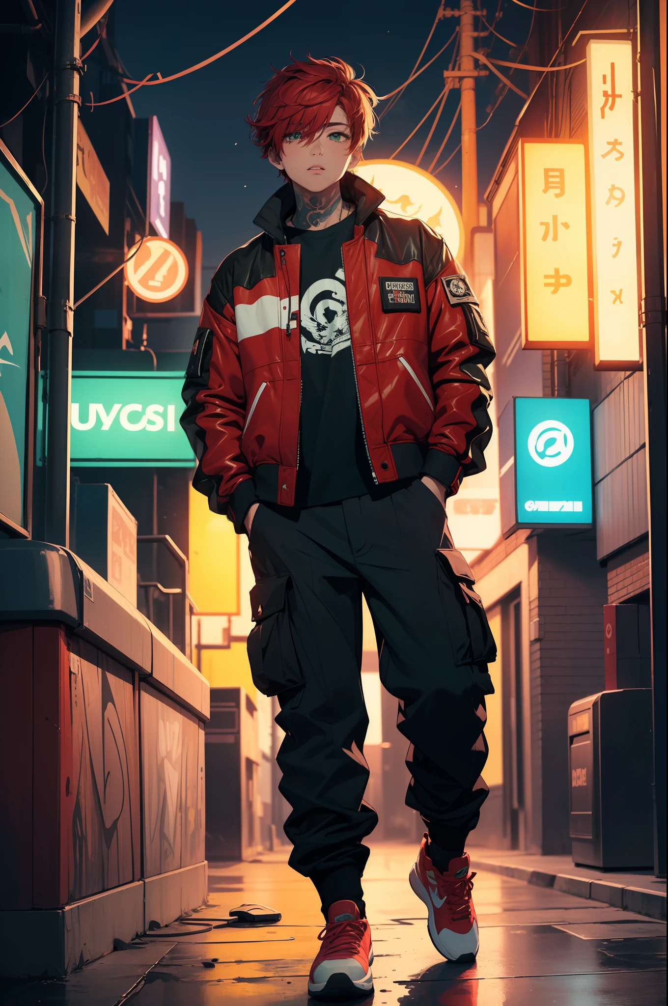 (masterpiece:1.4), 1boy, Streetwear, leather jacket, cargo pants, street, (masterpiece, best quality, highres, ultra detailed ), night, depth of field, absurdres, (masterpiece:1.4), ultra-detailed, 1boy, stand up, green and red, short red wildly hair with black streaks, urban mage, surrounded by neon and colored sparks