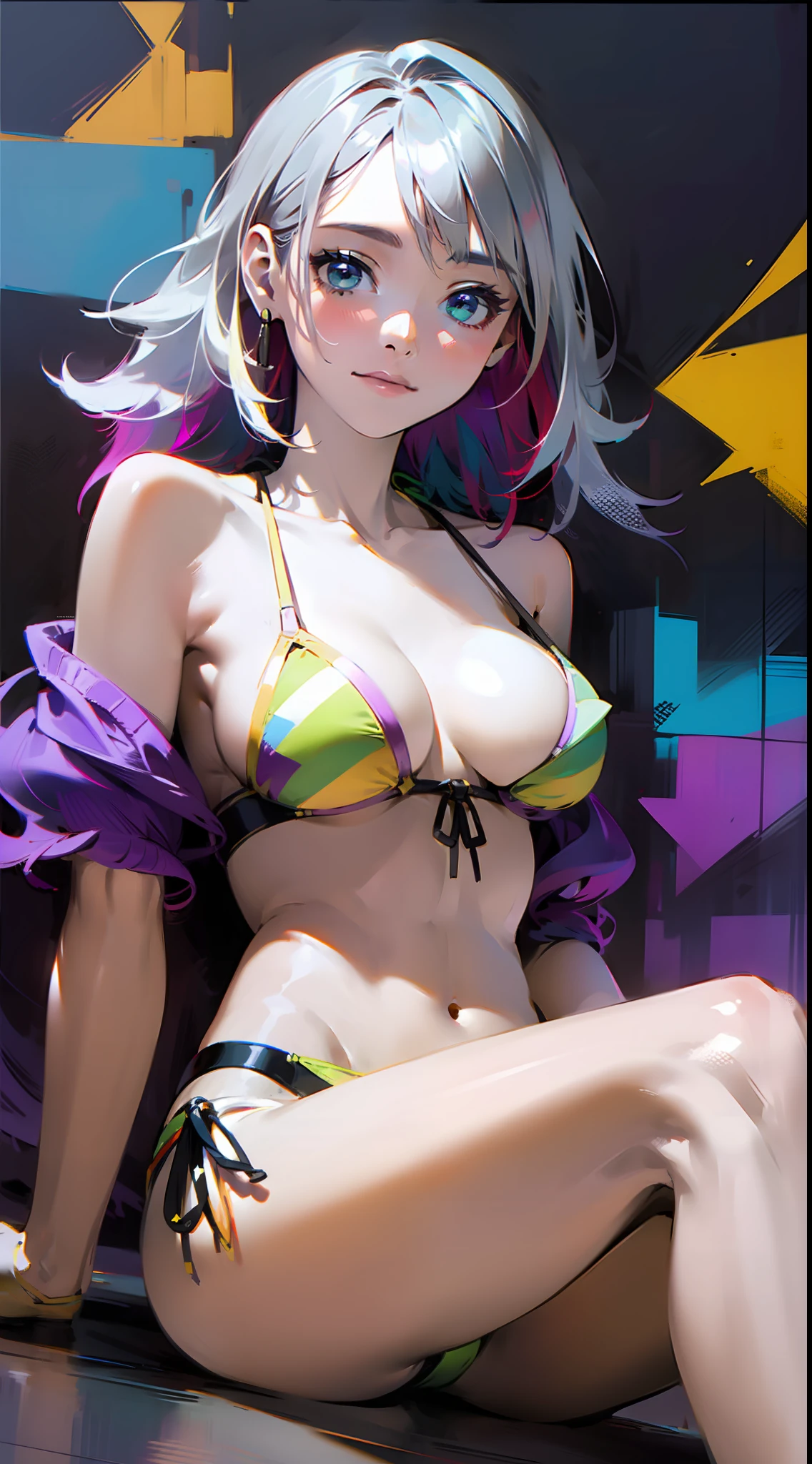 "Beautiful and detailed illustration, highly detailed eyes, one woman with floating high resolution, sitting in a dynamic pose, multicolored hair (silver, red, purple, yellow, green), wearing a bikini, highest quality, absurd landscape, creative theme"