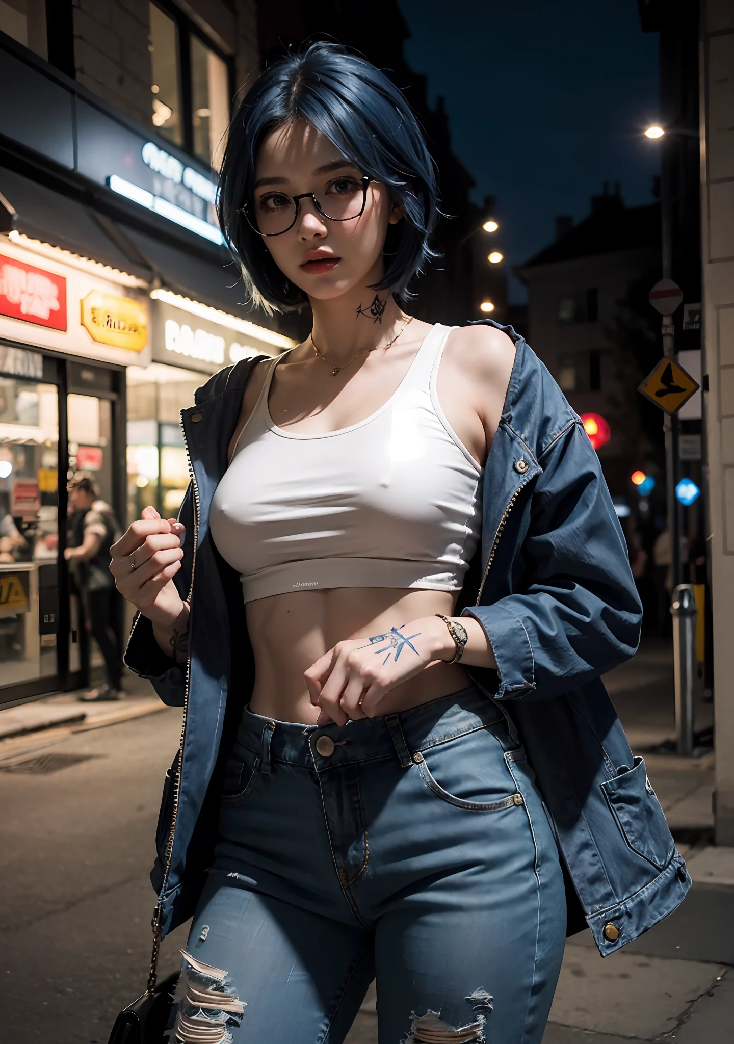 masterpiece, best quality, realistic, highly detailed, 1girl, solo, cowboy shot, gangster girl, short hair, ((blue hair)), hair between eyes, tank top, blue jacket, A body covered in tattoos, holding knife, short jeans, glasses, medium breasts, standing, city, outdoors, night,