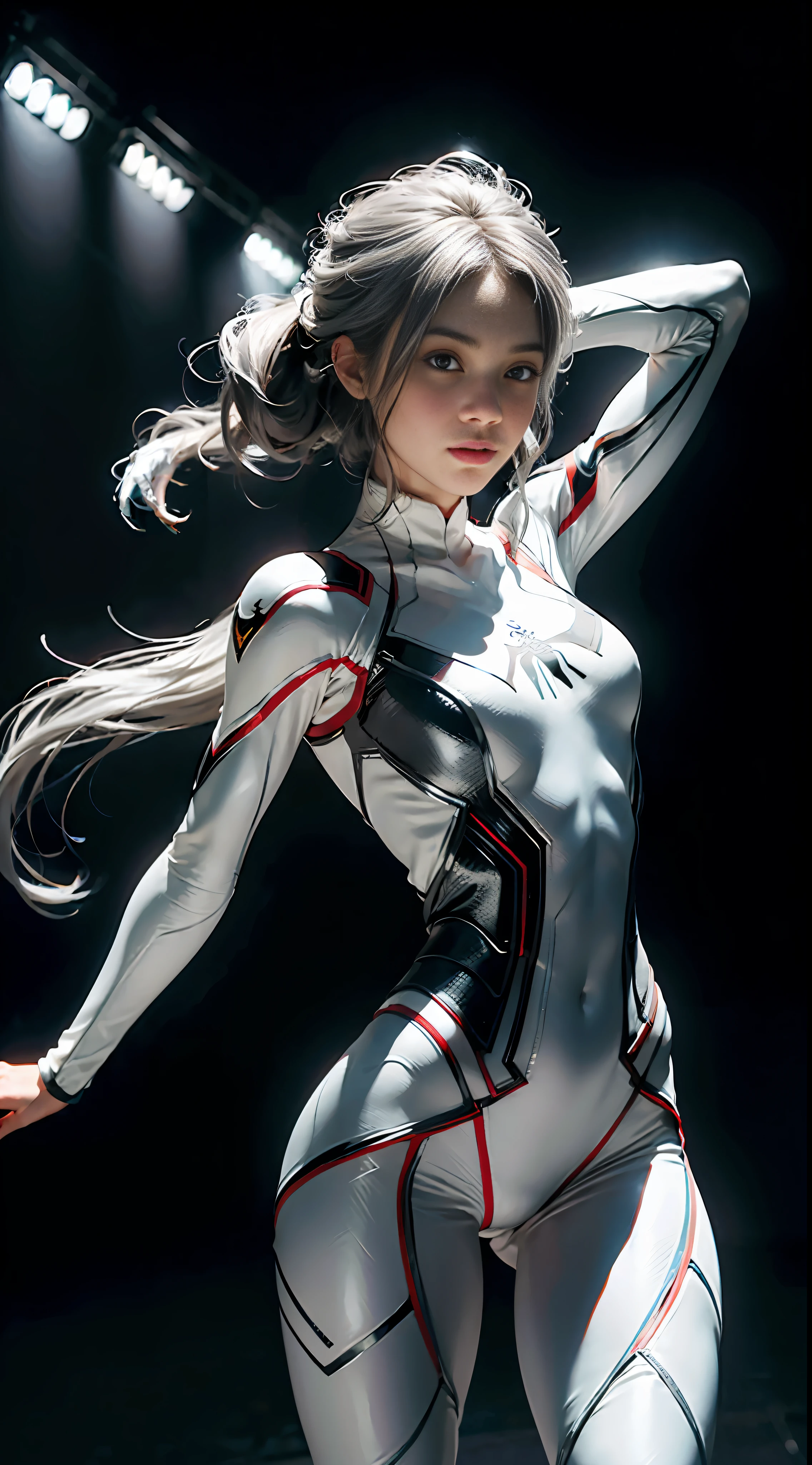 (Extreme Detail CG Unity 8K wallpaper, masterpiece, highest quality), (exquisite lighting and shadow, highly dramatic picture, cinematic lens effect), a girl in a white Spider-Man costume, silver gray hair color, from parallel universes, Marvel, Spider-Man, standing in an empty dance studio, dynamic pose), (excellent detail, outstanding lighting, wide angles), (excellent rendering, enough to stand out in its class), with a focus on the white Spider-Man costume