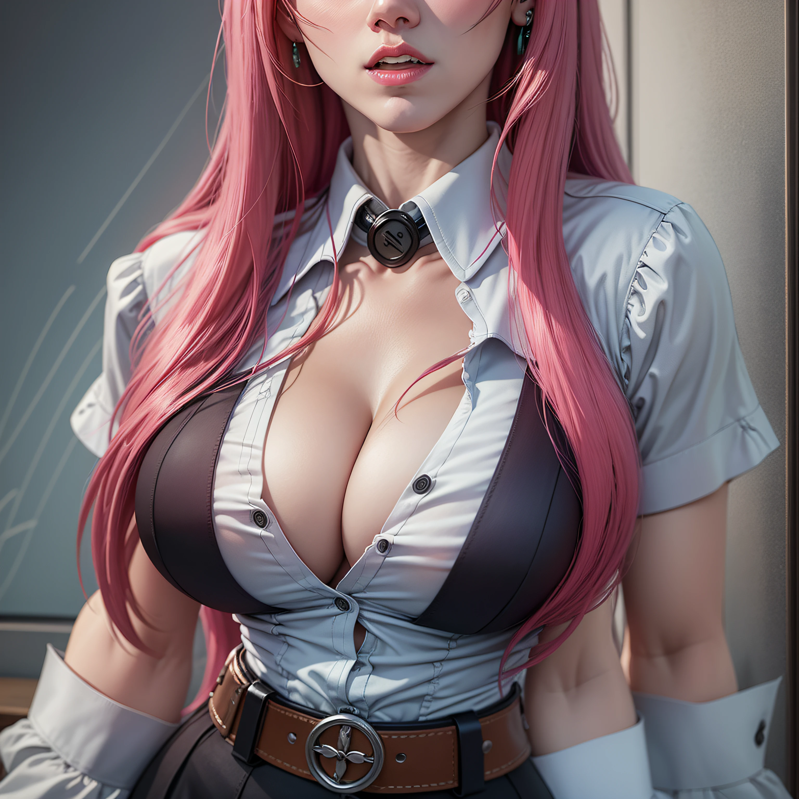 Masterpiece, 16k, realisticly detailed, foto quality,busty Avril Lavigne, wearing a very sexy office uniform, huge cleavage, poking through shirt,(buttons are strained), big button gaps, ball gag,