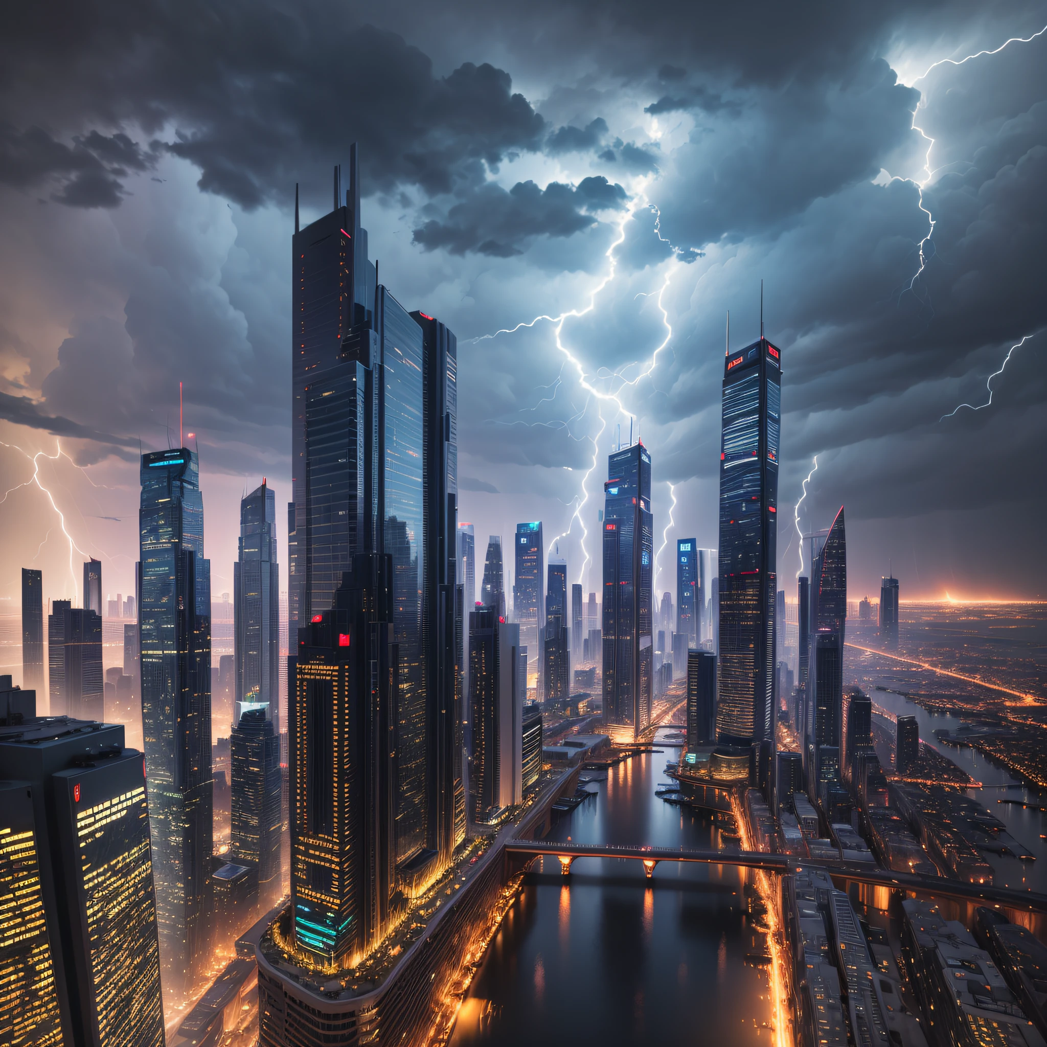 Futuristic city, very tall buildings, strong storm with many lightning strikes, Realism, f/16, Nikon, first-person view, super detail --auto --s2