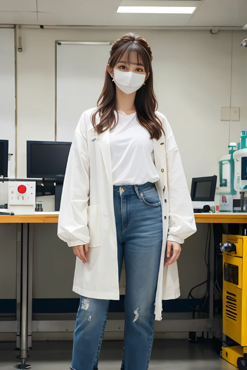 (best quality), masterpiece, (photo realistic:1.5), 8k quality, 1 beautiful woman, (full body:1.6), dark brown hair, updo hair, brown eyes, front, detailed face, beautiful eyes, looking at viewer, smile, BREAK wearing a mask, wearing a white laboratory coat and white tee shirt and denim long pants, standing in a laboratory room with a big machine, 30 years old