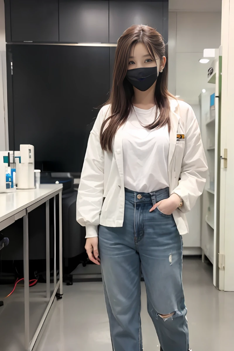 (best quality), masterpiece, (photo realistic:1.5), 8k quality, 1 beautiful woman, (full body:1.6), dark brown hair, updo hair, brown eyes, front, detailed face, beautiful eyes, looking at viewer, smile, BREAK wearing a mask, wearing a white laboratory coat and white tee shirt and denim long pants, standing in a laboratory room with a big machine, 30 years old