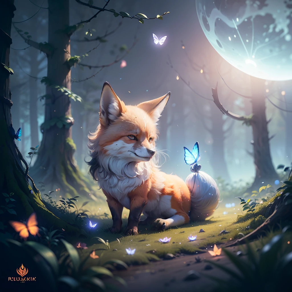 Celebrate the Full Moon Together, Mysterious Full Moon, In the Forest, Small Animals, One Baby Fox, Butterflies, Glitter, Wishes, Soft Volumetric Lights, (Backlight: 1.3), (Cinematic: 1.2), Intricate Details, (Art Station: 1.3), Rutkowski --auto --s2