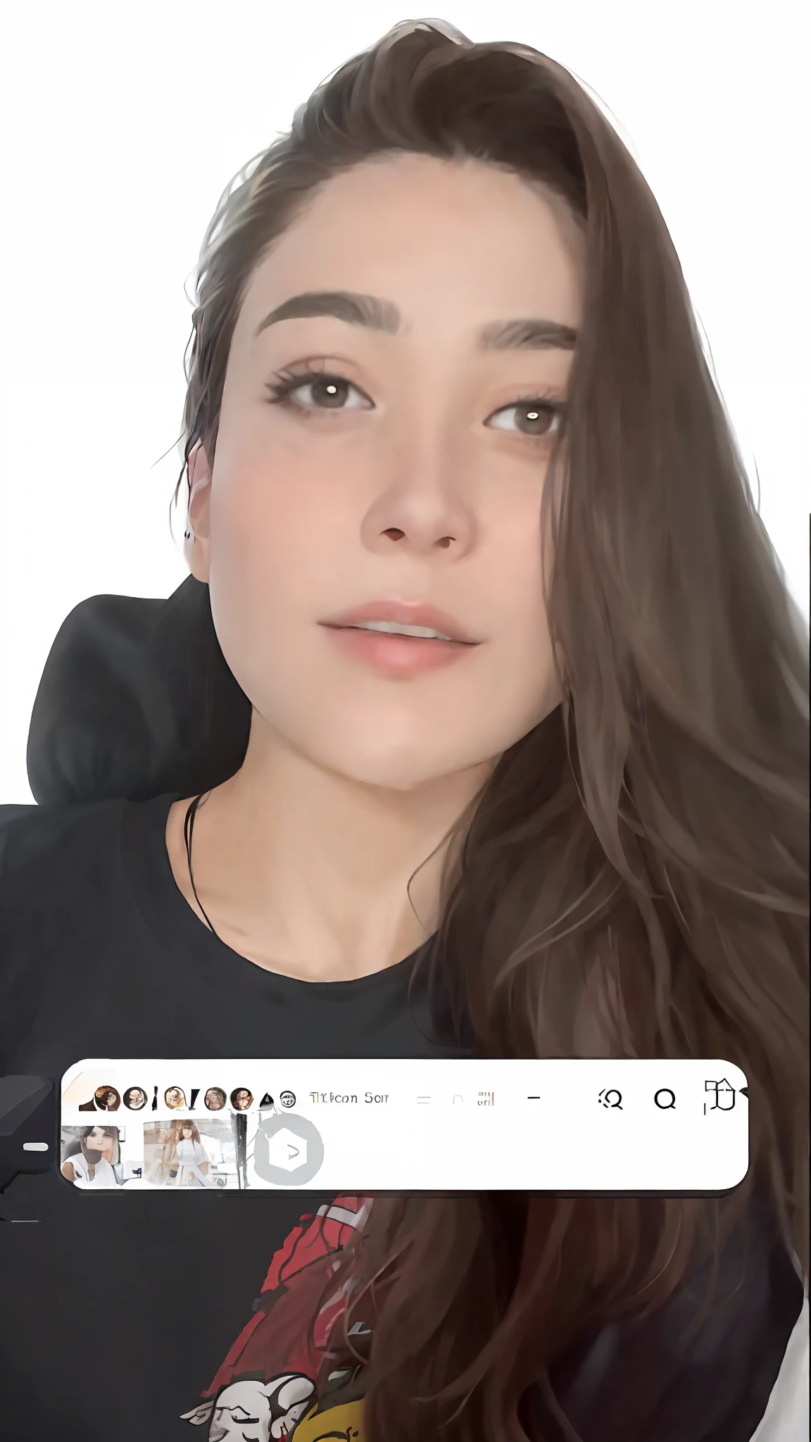 arafed woman with long brown hair and a black shirt, captura, tiktok video, low quality video, twitch streamer, 30-year-old french woman, she is facing the camera, instagram filter, ayahausca, leaked, youtube video screenshot, with a black background, lorena avarez, instagram story, face with artgram