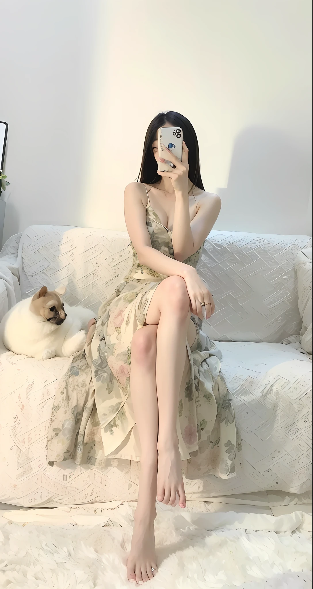 araffe woman sitting on a couch taking a picture of herself, 8k selfie photograph, xintong chen, she is holding a smartphone, album art, light purple, wenfei ye, ulzzang, iphone selfie, yanjun chengt, xision wu, 🤬 🤮 💕 🎀, violet color, vibrant aesthetic, profile pic, with apple