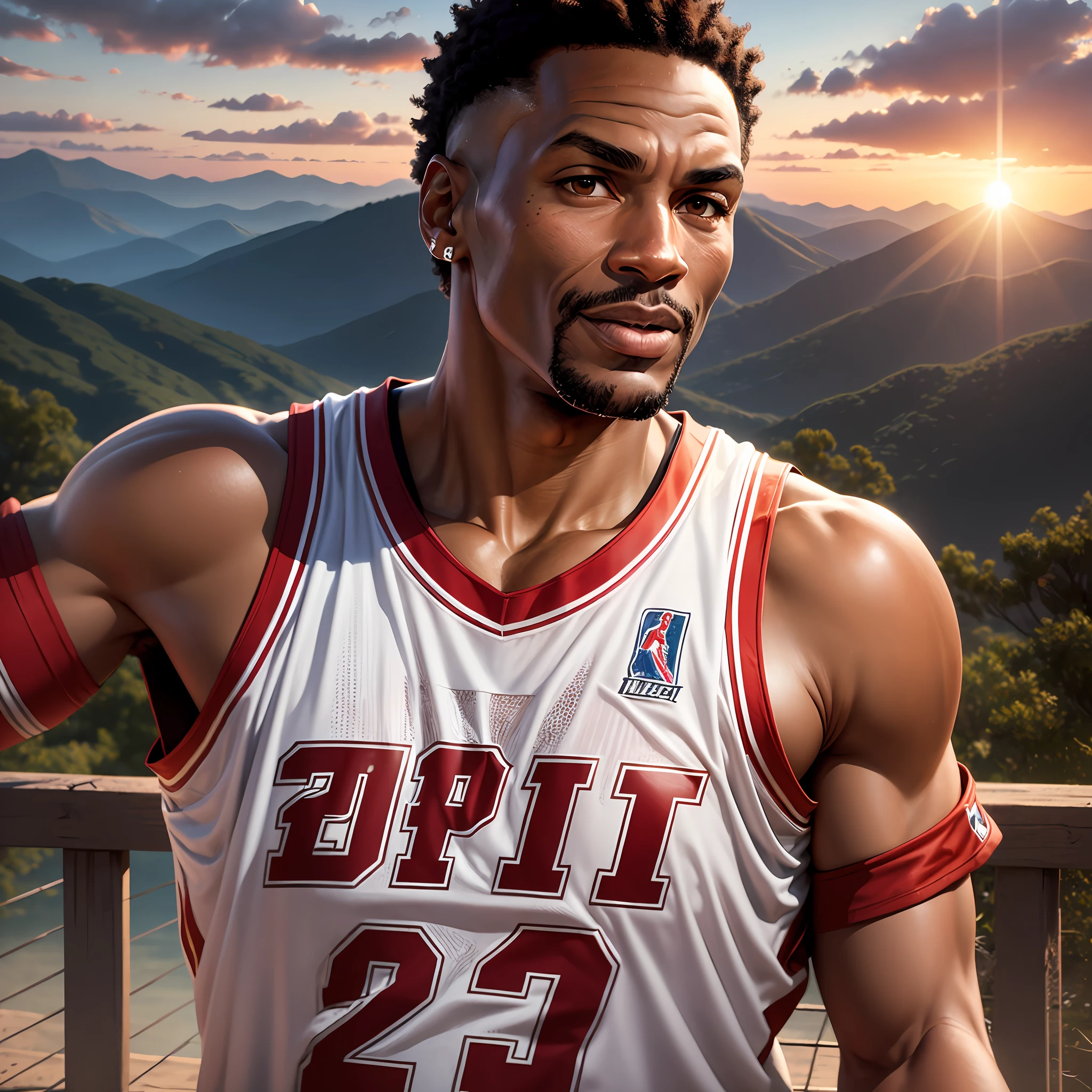 Michael Jordan wearing the Miami Heat uniform, on a mountain overlooking the sunset, ultra-realistic (masterpiece, best quality, detailed face) --auto --s2