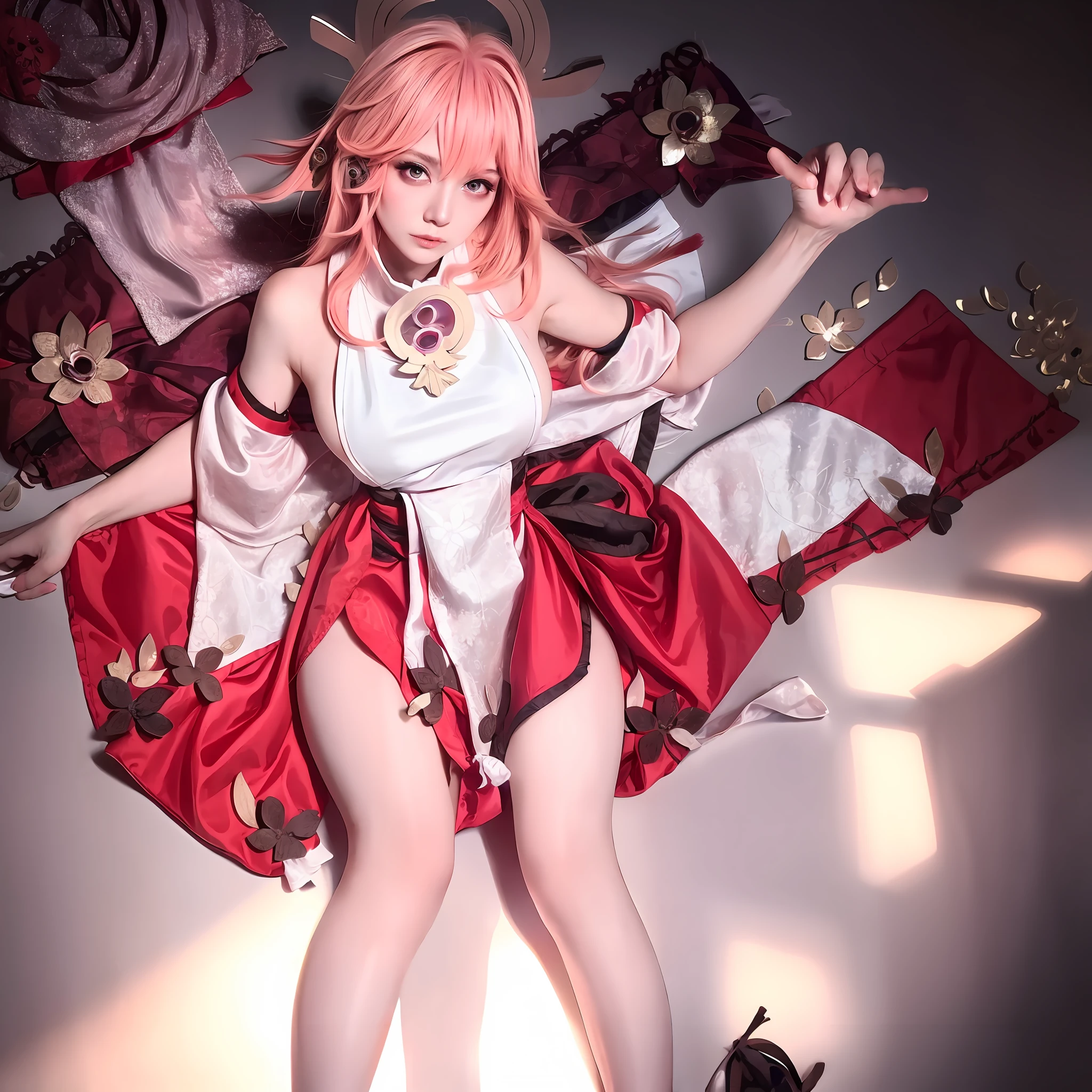 Realistic eyes, detailed shadows, looking at the audience, dog ears, detailed lighting, (detailed hair, realistic hair, realistic lighting, realistic shadows, realistic costumes), realistic skin, (gun on the waist: 1), realistic light reflection from above, ((behind arms)), (behind hands), bandeau, sexy, night, stockings, full nude, big breasts, cherry blossoms, white skirt, white skirt, full body, Japanese shrine, pink filter