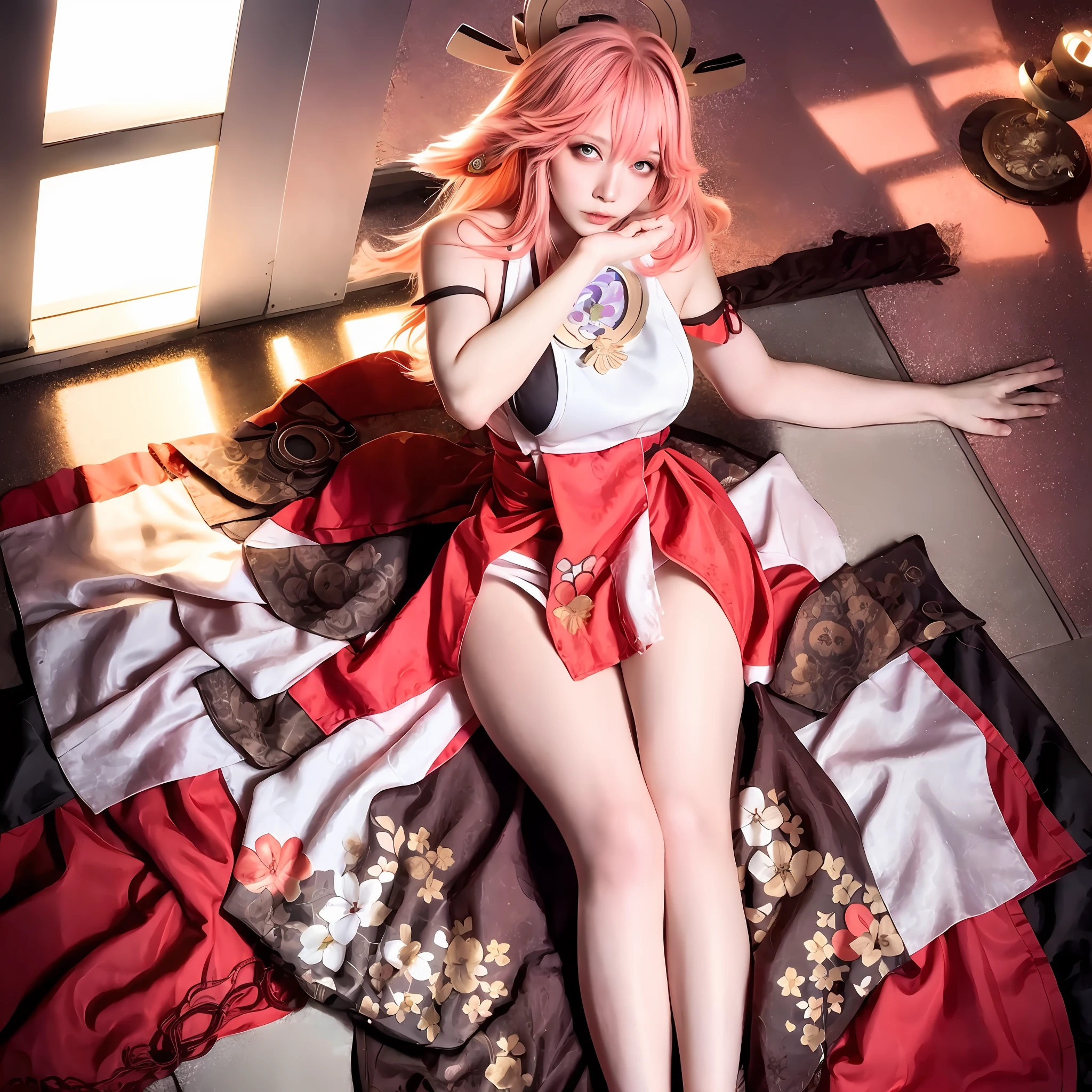 Realistic eyes, detailed shadows, looking at the audience, dog ears, detailed lighting, (detailed hair, realistic hair, realistic lighting, realistic shadows, realistic costumes), realistic skin, (gun on the waist: 1), realistic light reflection from above, ((behind arms)), (behind hands), bandeau, sexy, night, stockings, full nude, big breasts, cherry blossoms, white skirt, white skirt, full body, Japanese shrine, pink filter