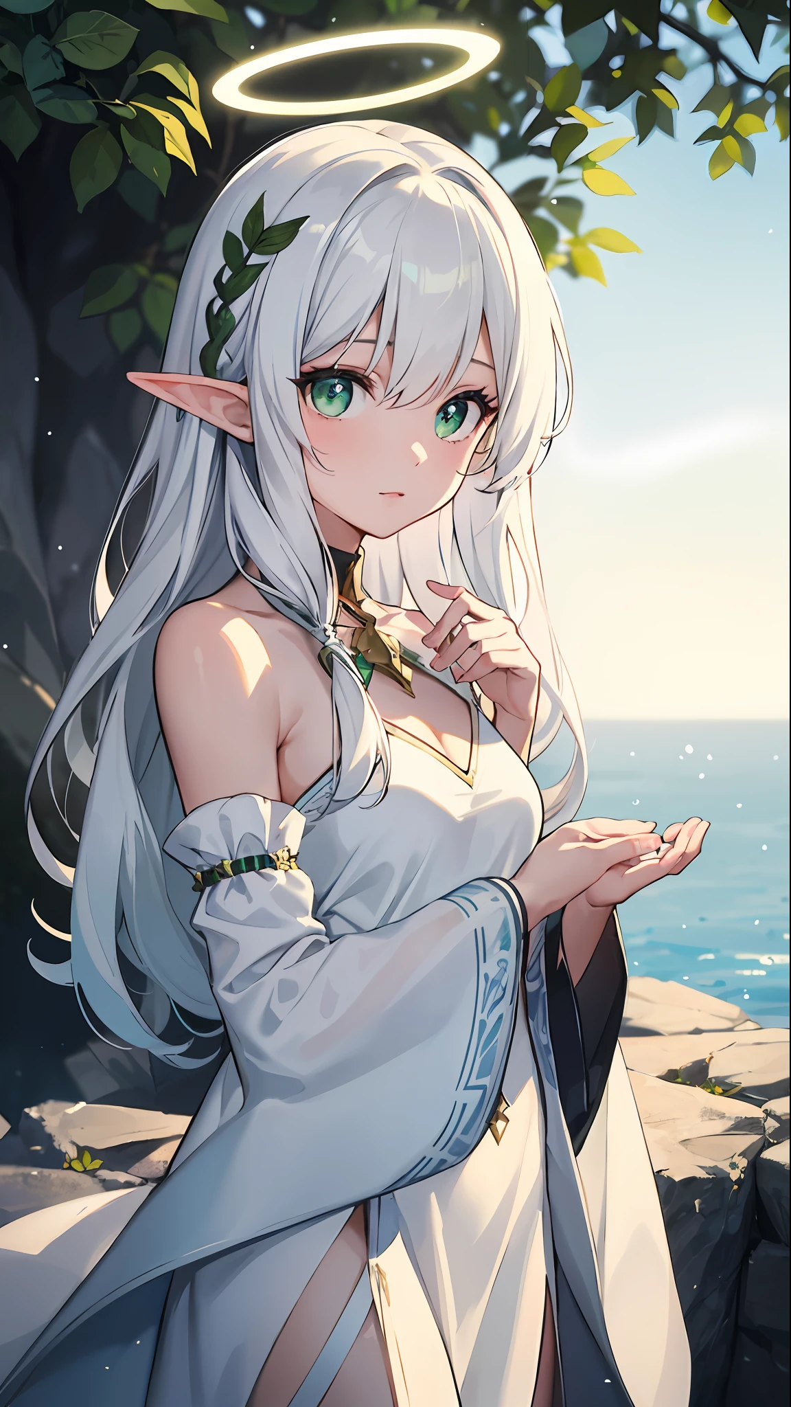 masterpiece, superb painting, illustration, 1 girl, cute, (dynamic light: 1.2), cinematic light, delicate facial features, (beautiful eyes: 1.2), (bright green eyes: 1.233), waterfall braid, extra long white hair, elf ears, depth of field, background bokeh, clear focus, (super detailed, halo, glow: 1.4), long white hair, beautiful girly face, fair, medium, (bare shoulders: 1.1), (nude: 1.1), dress, trimmed white, delicate gorgeous, (slit sleeves, wide sleeves), leafy green hairpin