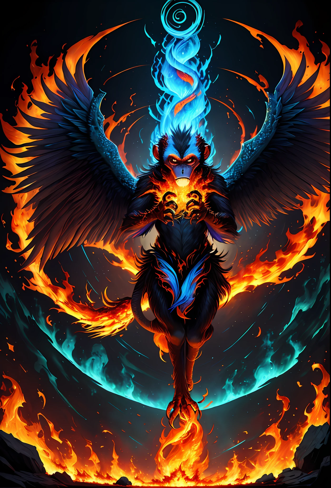 ((Best Quality)), ((Masterpiece)), ((Surrealism)), ((Surrealist Fantasy Style)), Jim Lee's beautiful intricate soft oil paintings, mythical birds of prey, facing the viewer, a stunningly beautiful and powerful monster monkey erupting from ashes, awesome legendary fire monkey, (full of vibrant rainbow flames, colorful flames, spiral hell: 1.5), huge symmetrical flame wings, ultra-detailed feathers, sharp claws, unparalleled magical energy, soft edge lighting, (flying), professional, soft volumetric lighting, depth of field, film grain, smoothness, roughness, real life, warm vibrant color palette