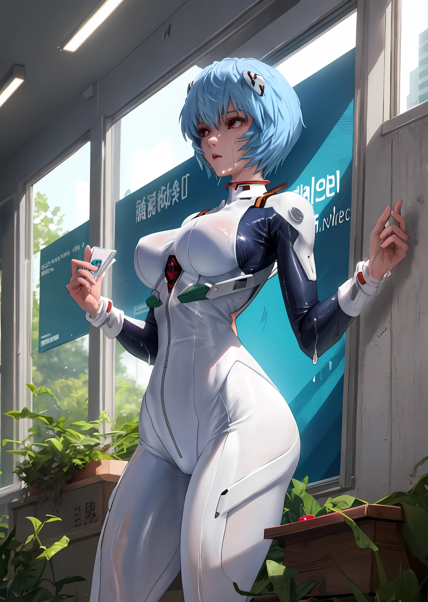 masterpiece, facial, liner, wet skin, solo, short blue hair, Ayanami Rei, red eyes, big breasts, wide hips, standing, athletic form, erotica